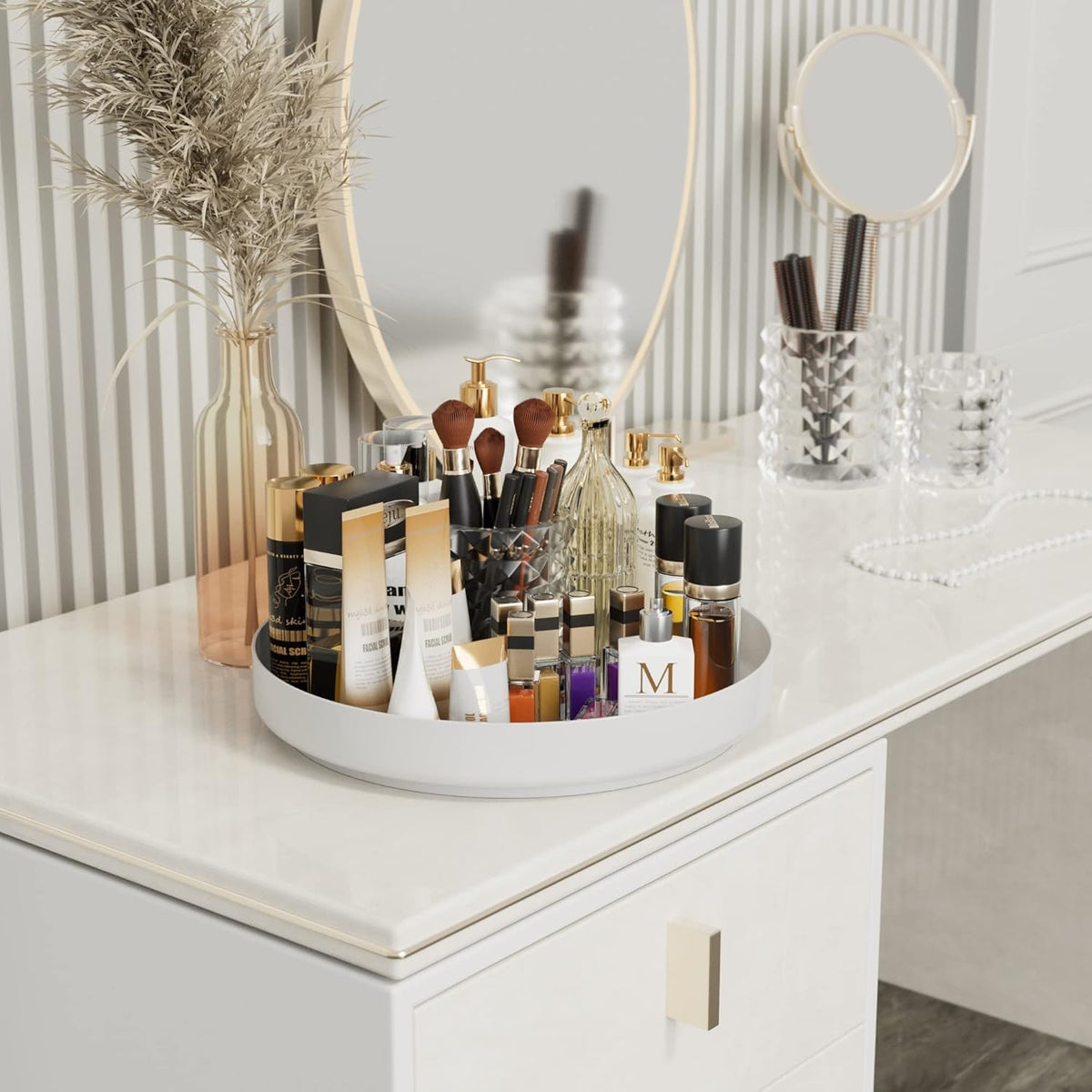 Ovicar Lazy Susan Cabinet Organizer - 13 inch Metal Turntable Lazy Susan for Kitchen Spice Rack Pantry Cupboard Bathroom Countertop Refrigerator Table Storage, White