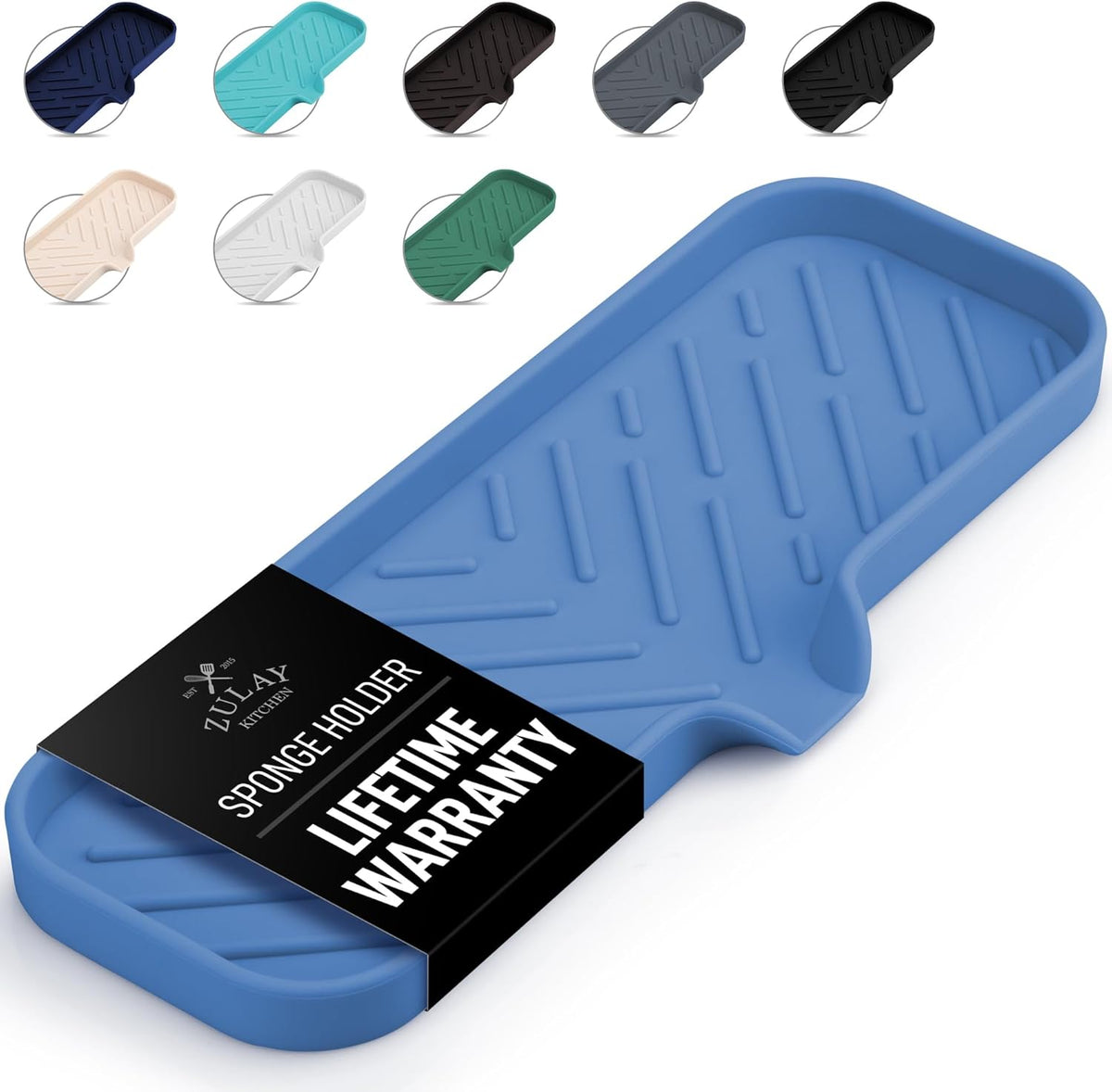Zulay Kitchen Large Silicone Sponge Holder (12x4) – Flexible Sink Organizer Tray for Kitchen & Bathroom – Multipurpose Soap Dish for Sponges, Makeup, Trinkets & More (Provence Blue)