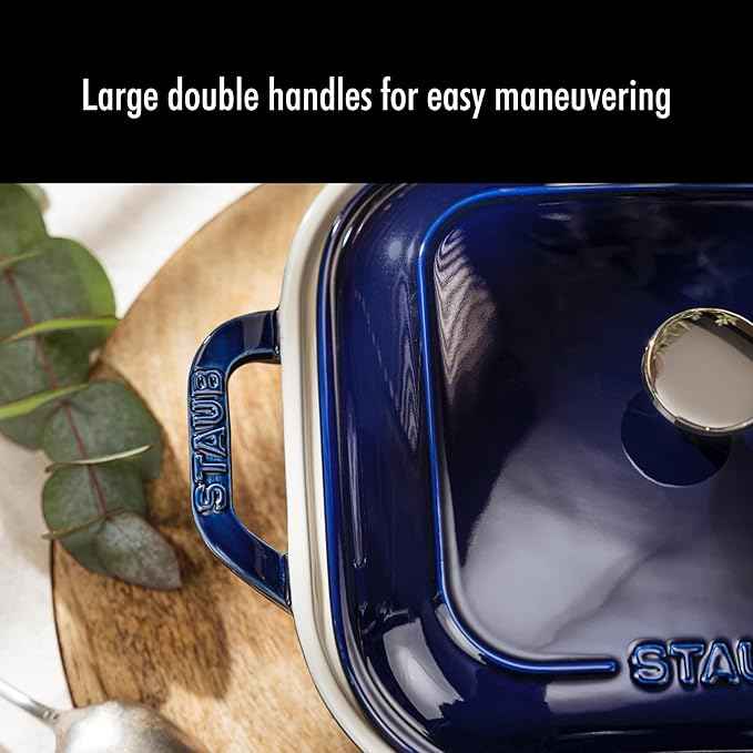 STAUB Ceramic 4-pc Baking Pans Set, Casserole Dish with Lid, Brownie Pan, Dark Blue