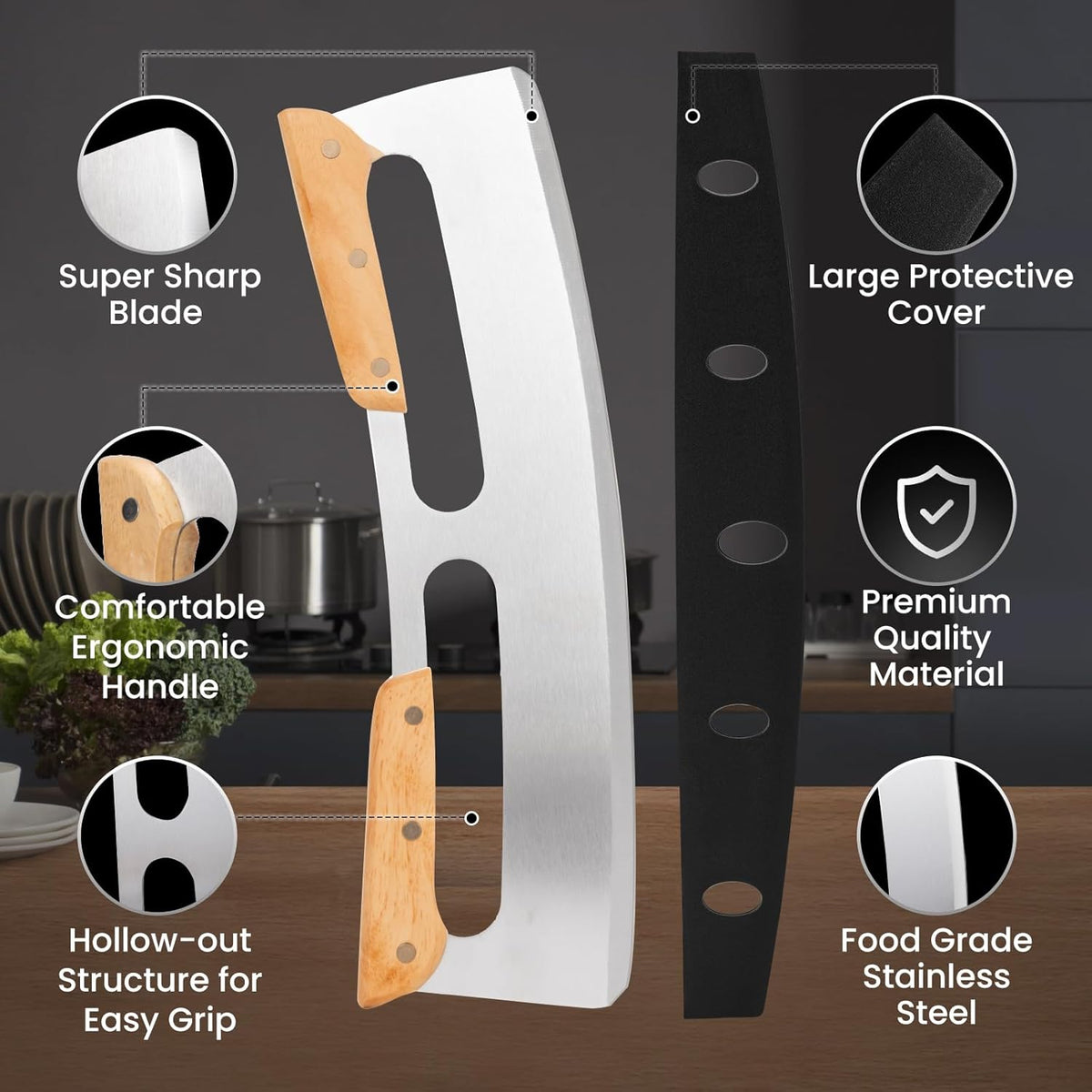 SCHVUBENR 14'' Pizza Cutter Rocker with Large Cover - Sharp Stainless Steel Pizza Slicer with Wooden Handles - Large Pizza Knife Cutter Wheel - Easy to Use & Clean - Slice Pizza with Ease