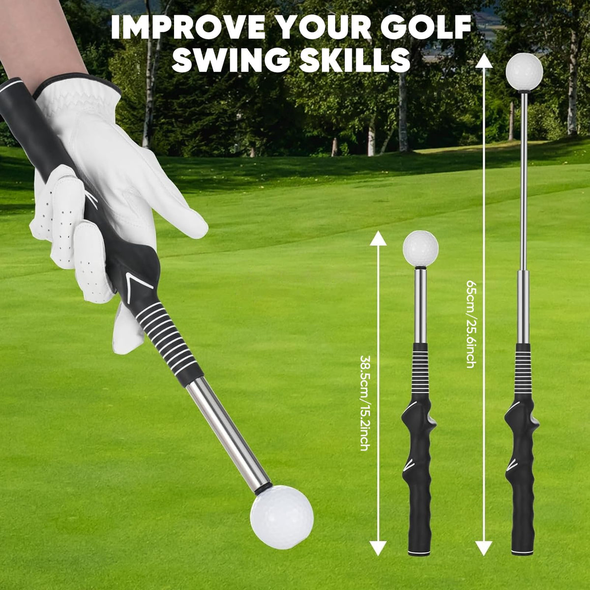 Retractable Golf Swing Trainer with Right-Handed Golf Grip Trainer and Arm Band, Click Feedback Training Aid for Grip Correction, Tempo, Rhythm, Release Timing
