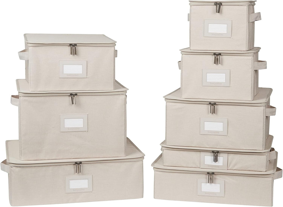 Covermates Keepsakes Dish Storage Box - Stackable, Reinforced Handles, China Storage, Beige Heather