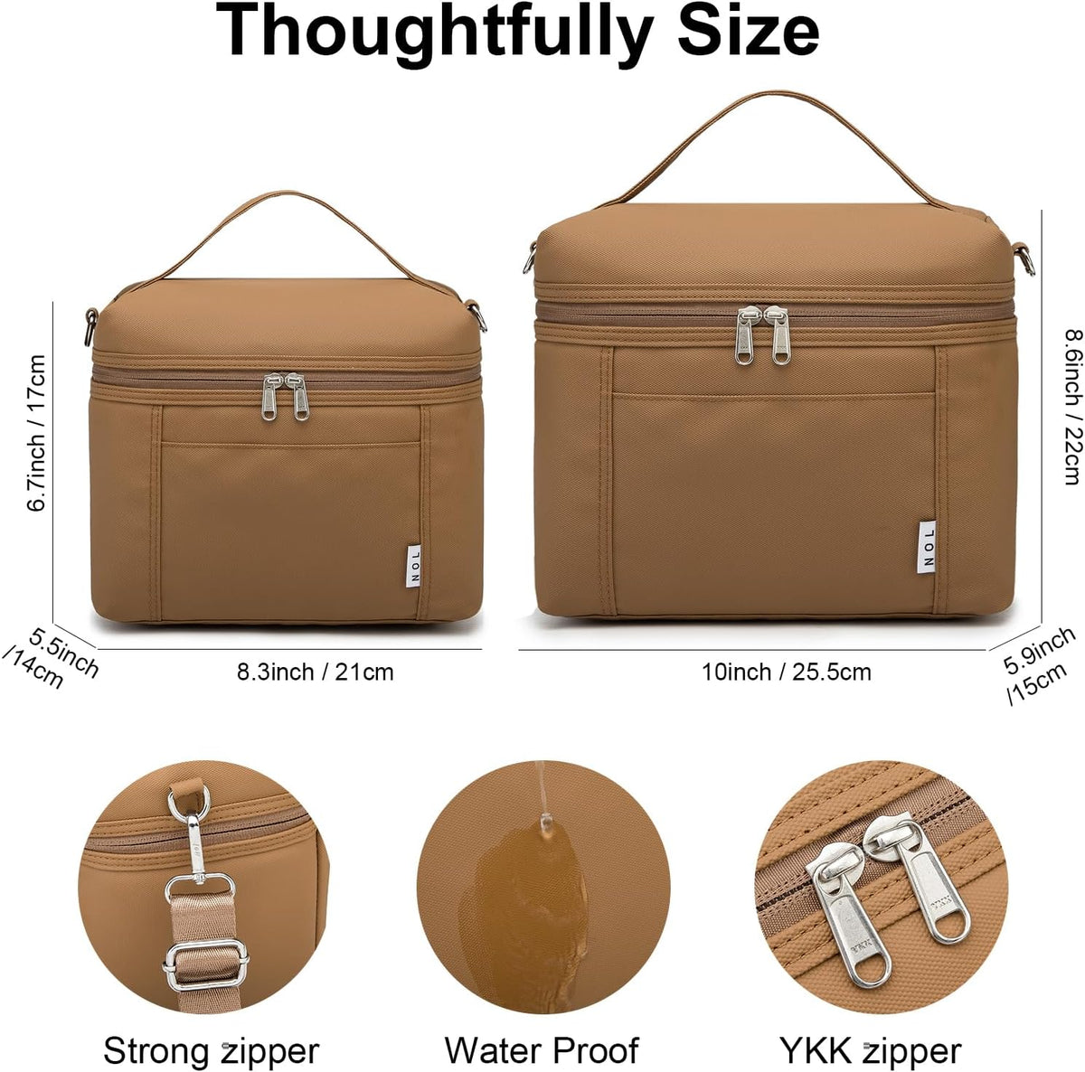 NOL Natural Organic Lifestyle Insulated Lunch Bags for Women Cooler Bag Lightweight Nylon Waterproof Lunch Box For Work (Small, Brown)