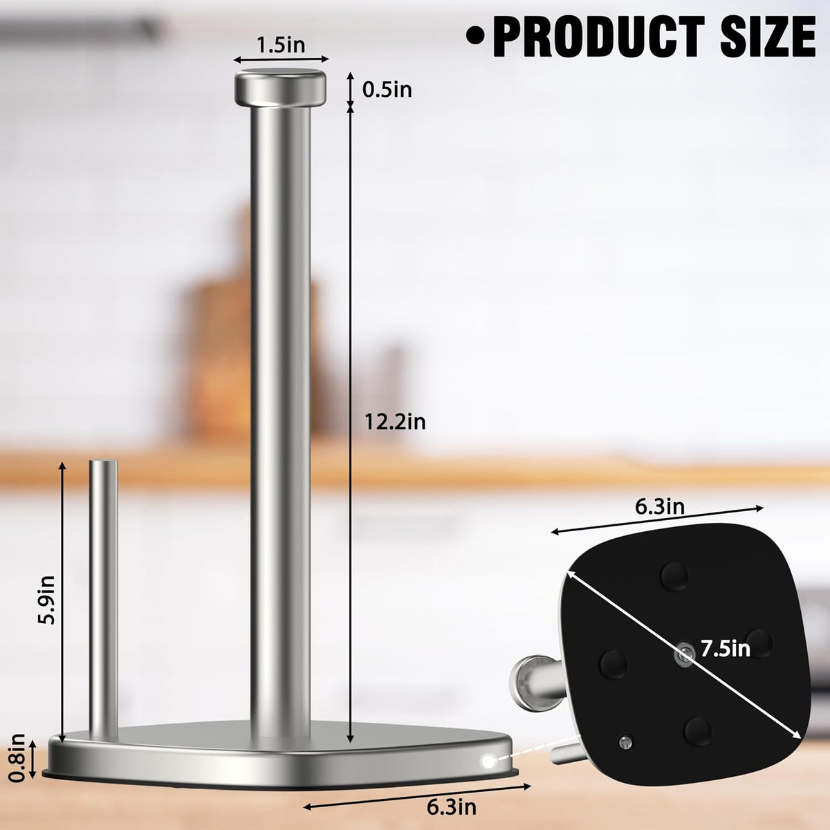 Paper Towel Holder Countertop, Standing Paper Towel Roll Holder for Kitchen Bathroom Organize, Stand with Weighted Base Suction Cups, Stainless Steel One-Handed Operation (Brushed Nickel)