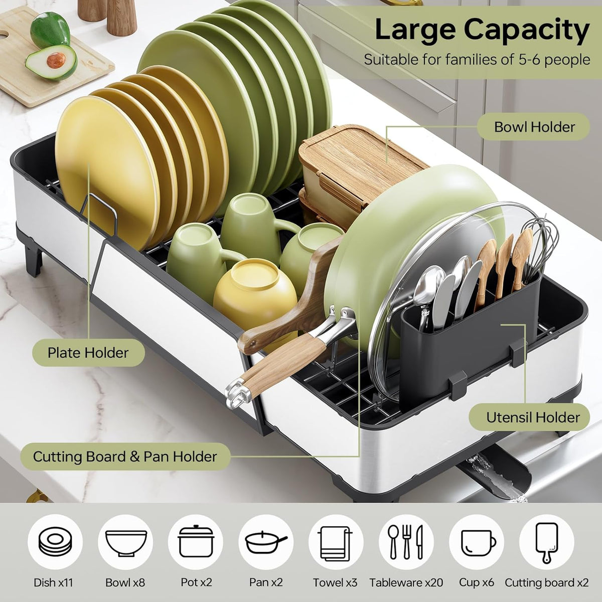 Triple Expandable Dish Drying Rack, Extra Large Dish Rack for Kitchen Counter, Stainless Steel Dish Drying Rack, Foldable Dishes Drainer, Extendable Dish Strainer with Utensil & Pans Holder, Black