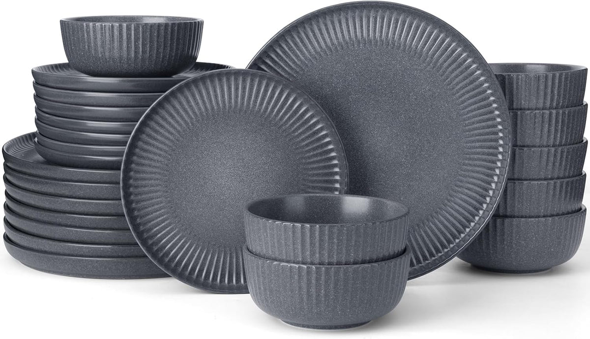 Famiware Starlight Dinnerware Sets, Plates and Bowls Dish Set of 8 (24 Pieces), Ribbed Textured Tableware - Dishwasher & Microwave Safe, Chip Resistant, Reactive Glaze, Matte Midnight Grey