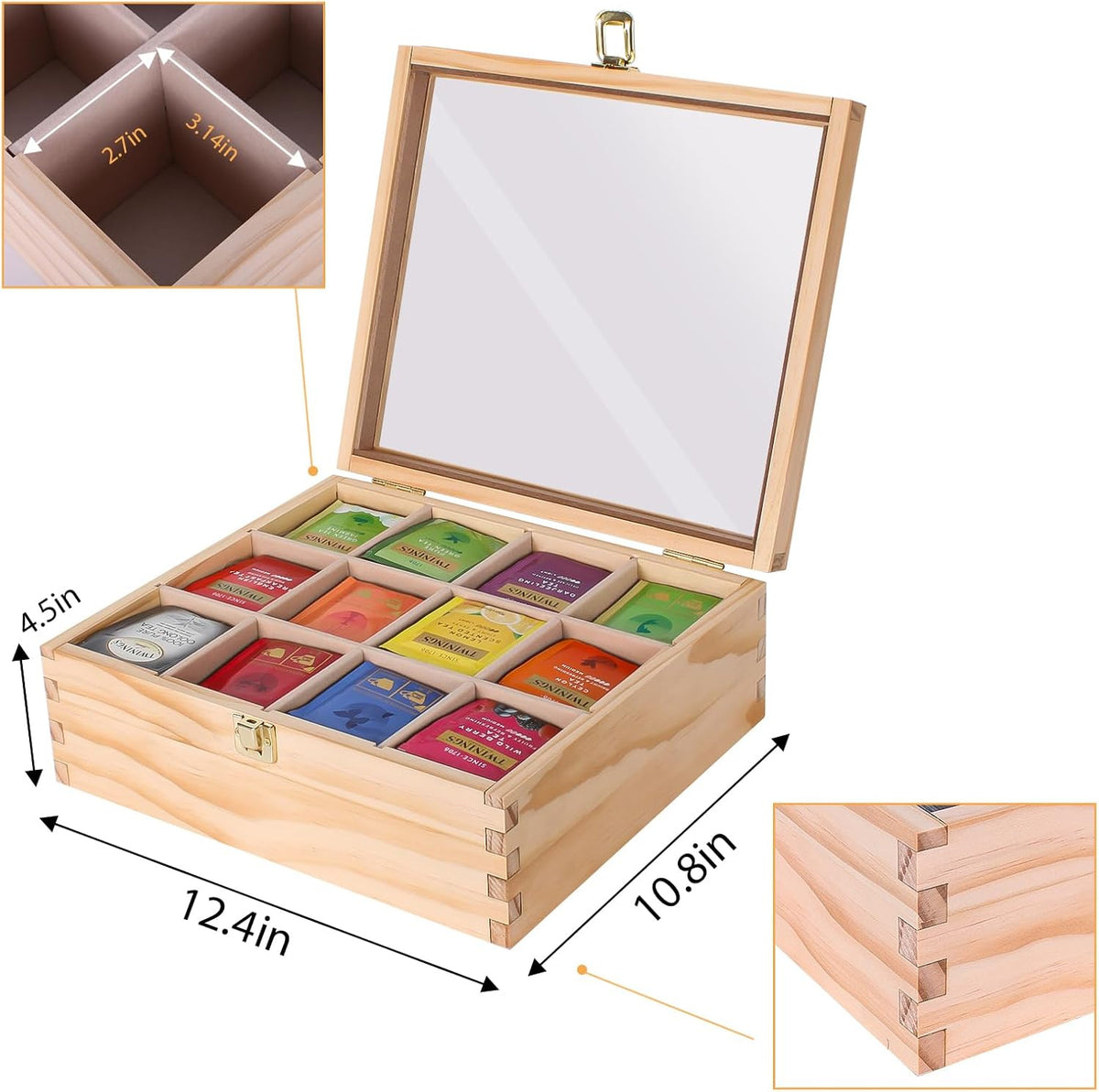 LI.TOPWP Pine Wood Tea Bag Organizer, 12 Compartments Tea Storage Box with Clear Acrylic Window, Multi-Functional Tea Bag Holder for Countertop, Kitchen Cabinet.