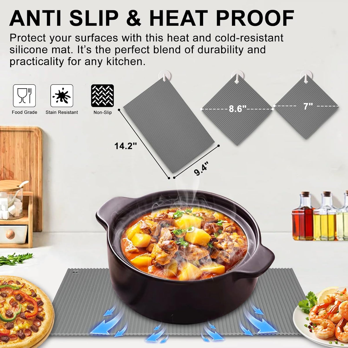 2 Pack 7'' x 7'' Trivets for Hot Dishes, Hot Pads for Kitchen, Silicone Trivets for Hot Pots and Pans, Hot Plates to Protect Table, Heat Resistant Silicone Trivet Grey