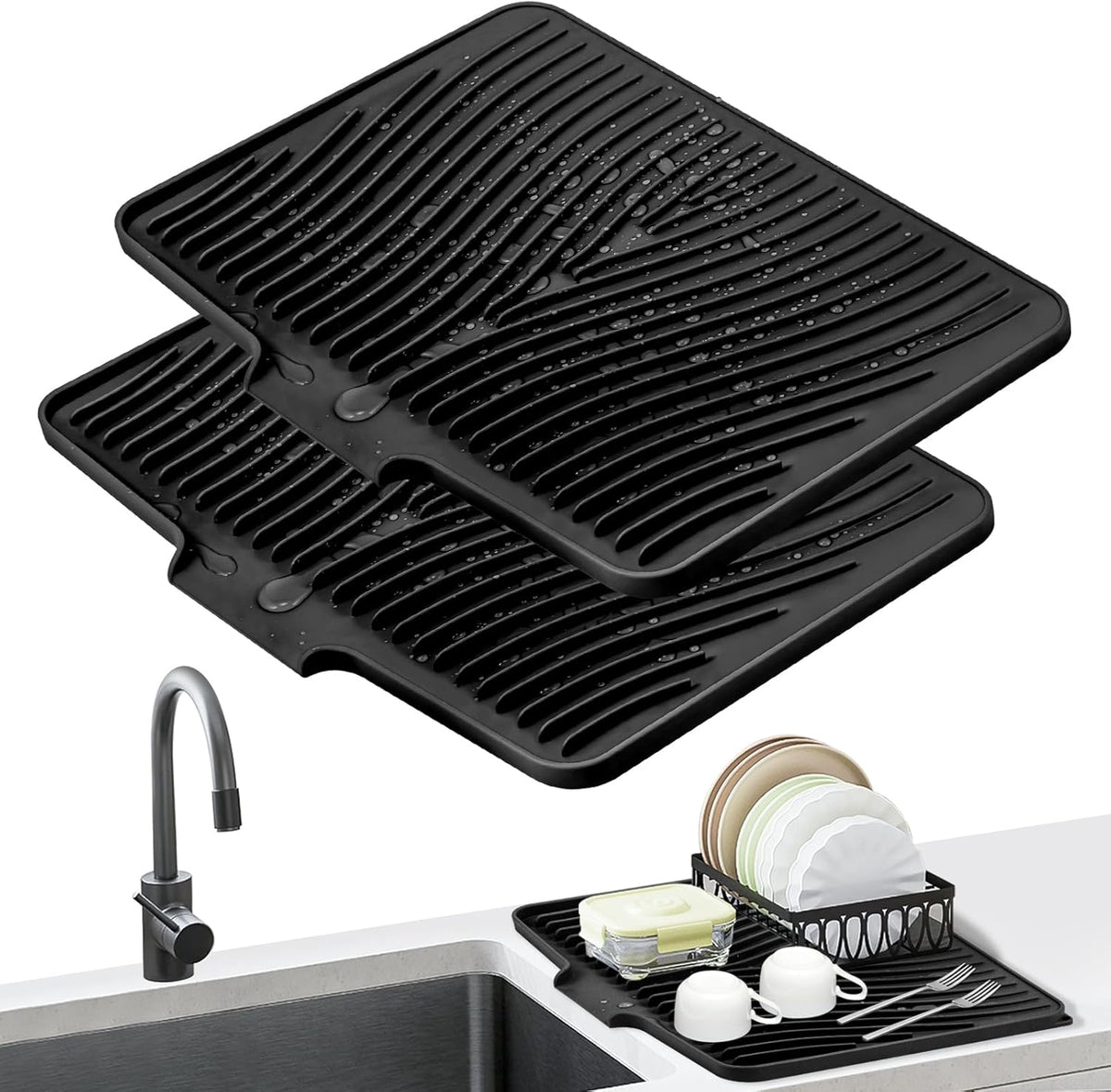 Dish Drying Mat, Stone Drying Mat for Kitchen Counter with Built-in Drain, Non-Slip Drying Matt Kitchen Counter, Heat Resistant Silicone Drying Mat, Dish Drying Pad, 2 Pcs (Black 19.7" x 17")
