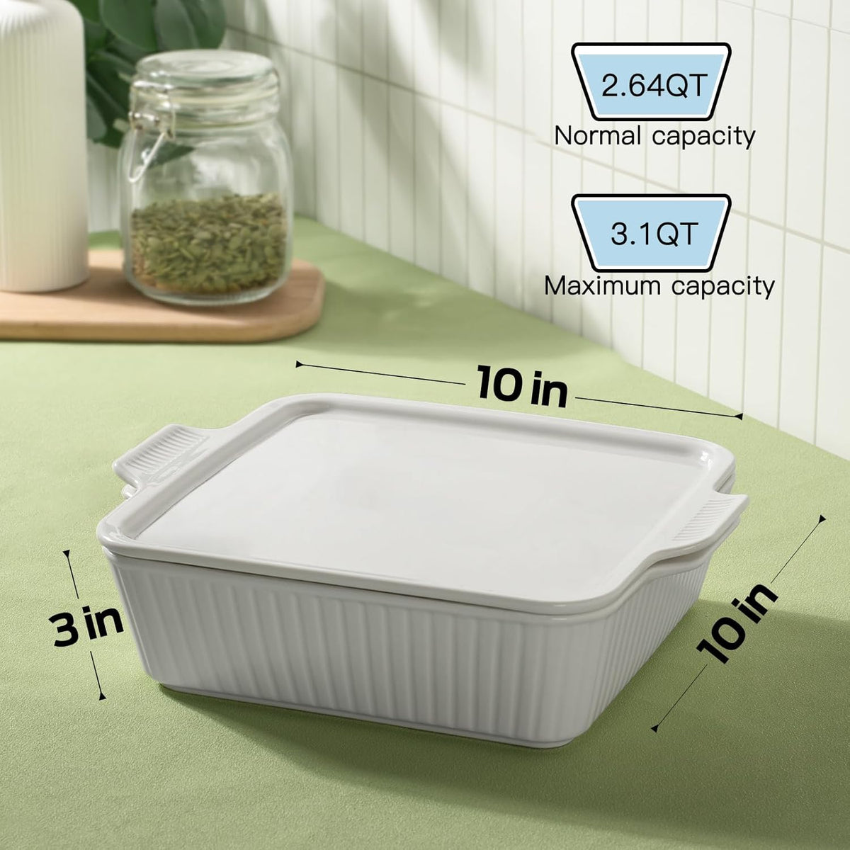 Dizada Casserole Dish for Oven with Lid, 10'' Square Baking Dish, Ceramic Baking Dish, Baking Pan with Handles, Lasagna Pan Bakeware Oven Safe Baking Dish for Oven, Cake, Kitchen, Microwave, Dishwasher Safe, White