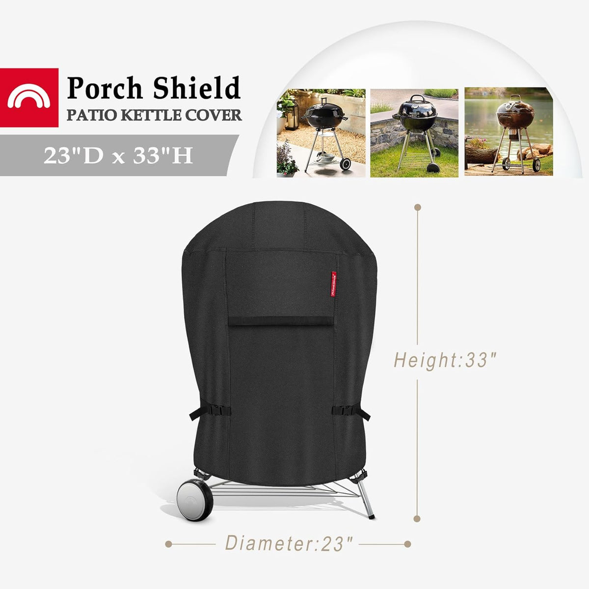 Porch Shield Outdoor Charcoal Kettle Grill Cover 18 inch Waterproof 600D Round Smoker Cover Fits Most Kettle Grill 23" Dia x 33" H, Black
