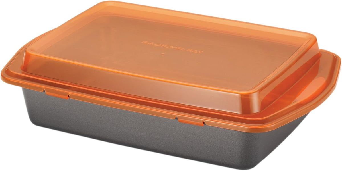 Rachael Ray Bakeware, Nonstick Baking / Cake Pan With Lid and Grips, Rectangle - 9 Inch x 13 Inch, Gray