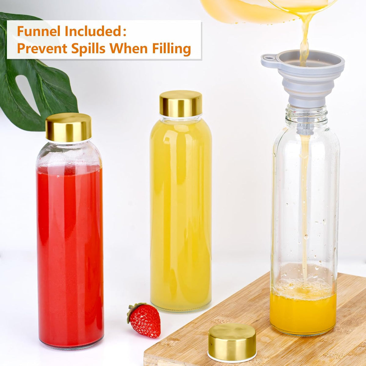 Zukro Glass Water Bottles with Lids 18 oz, Reusable Juice Bottles for Juicing, Leak Proof Juice Storage Containers for Fridge, Clear Drinking Jars With Stainless Steel Caps, BPA Free, Set of 6 Gold