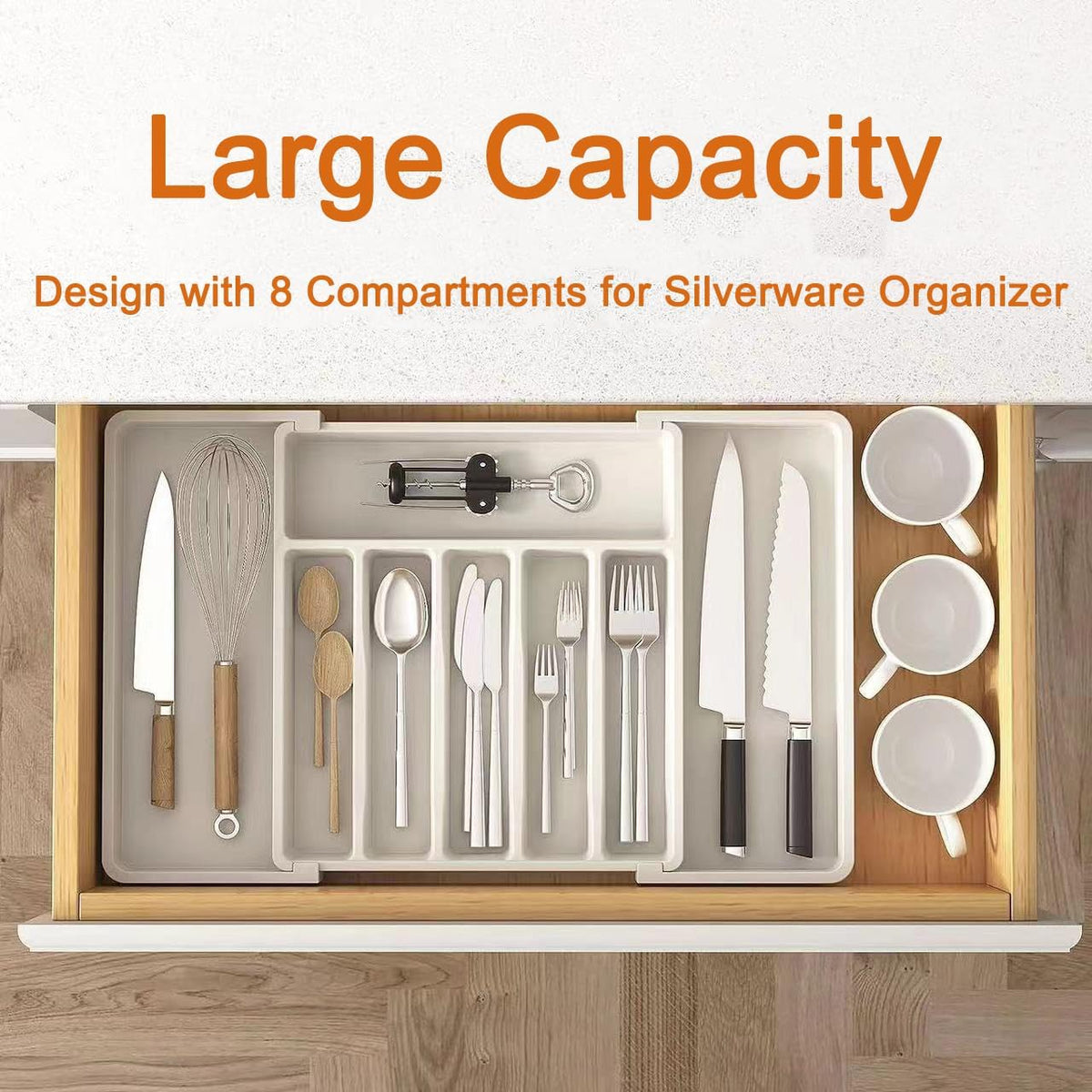 Silverware Drawer Organizer - Expandable Deep Utensil Organizer for Kitchen Drawers(13" - 22.4" x 15",White)