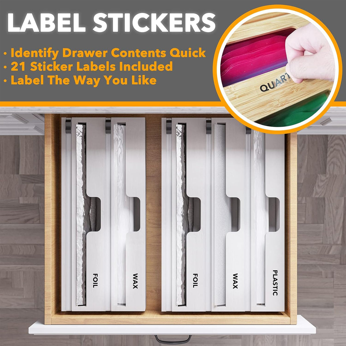 SpaceAid WrapNeat 3 in 1 Wrap Organizer with Cutter and Labels, Plastic Wrap, Aluminum Foil and Wax Bamboo Dispenser for Kitchen Storage Organization Holder for 12" Roll (White)