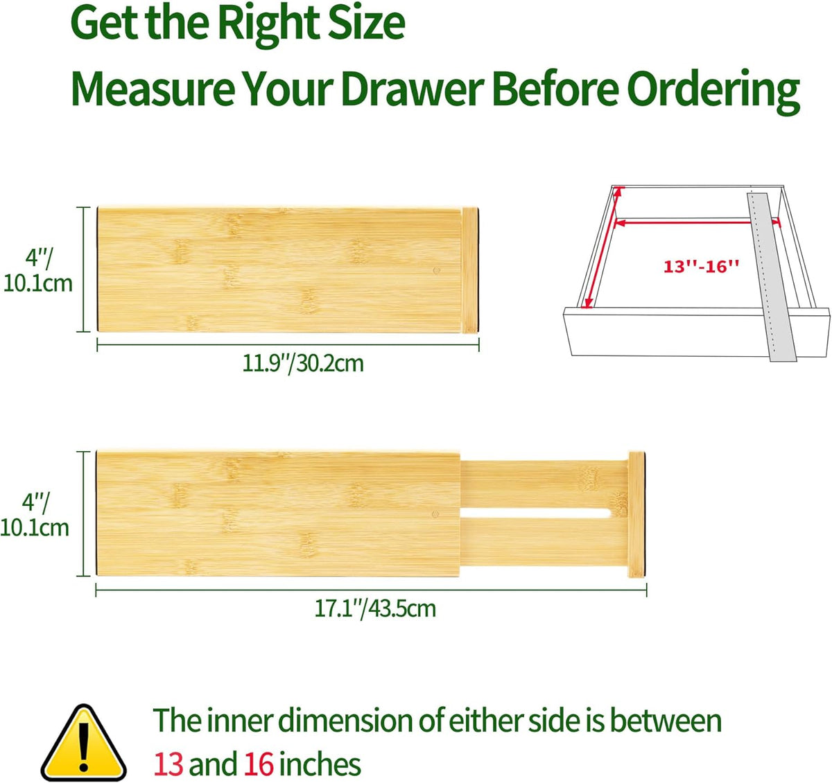 VaeFae 3 Pack Bamboo Drawer Dividers, 4" High Adjustable 11.9-17.1" Clothes Drawer Organizers, Expandable Separators for Bedroom/Bathroom/Kitchen/Office Storage
