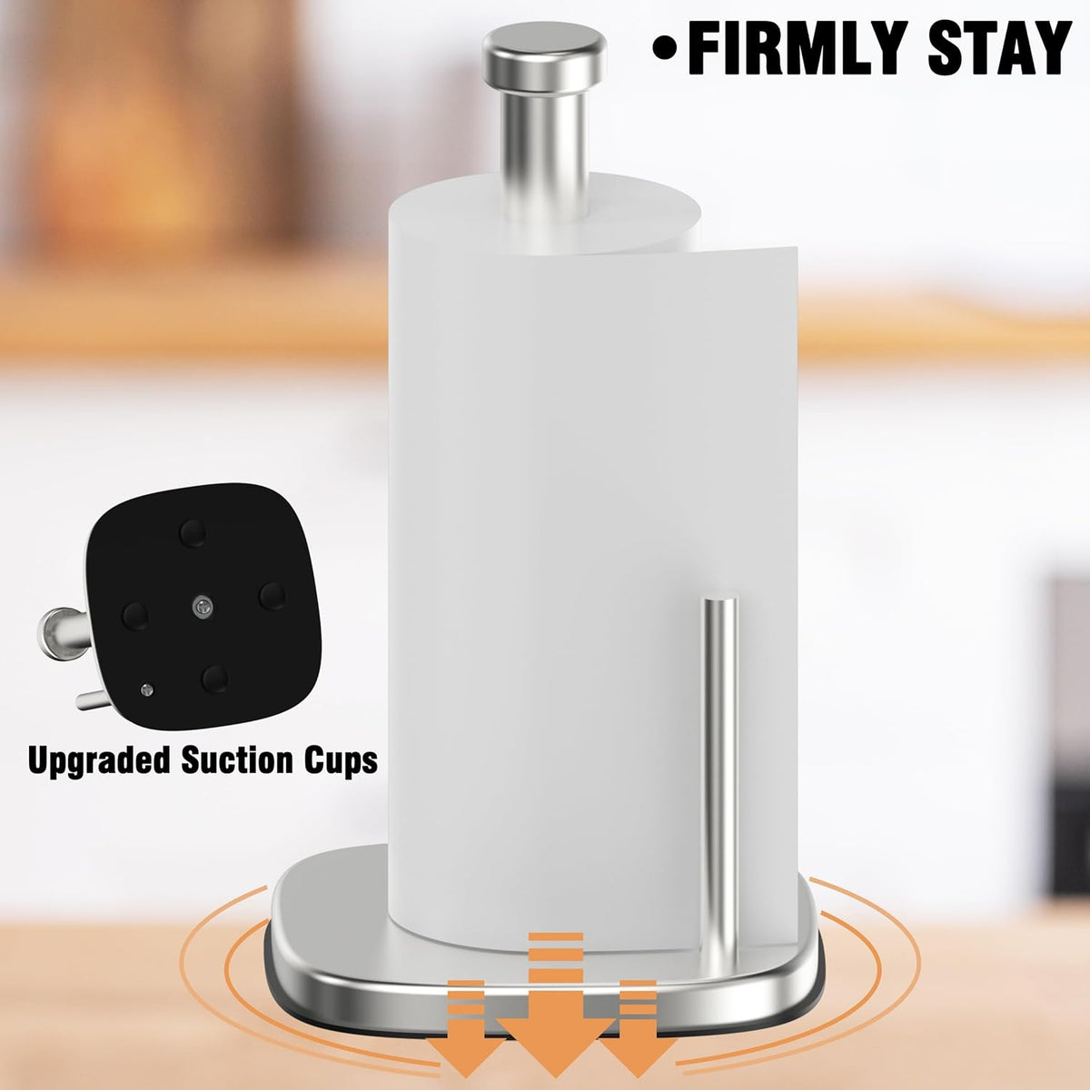 Paper Towel Holder Countertop, Standing Paper Towel Roll Holder for Kitchen Bathroom Organize, Stand with Weighted Base Suction Cups, Stainless Steel One-Handed Operation (Brushed Nickel)