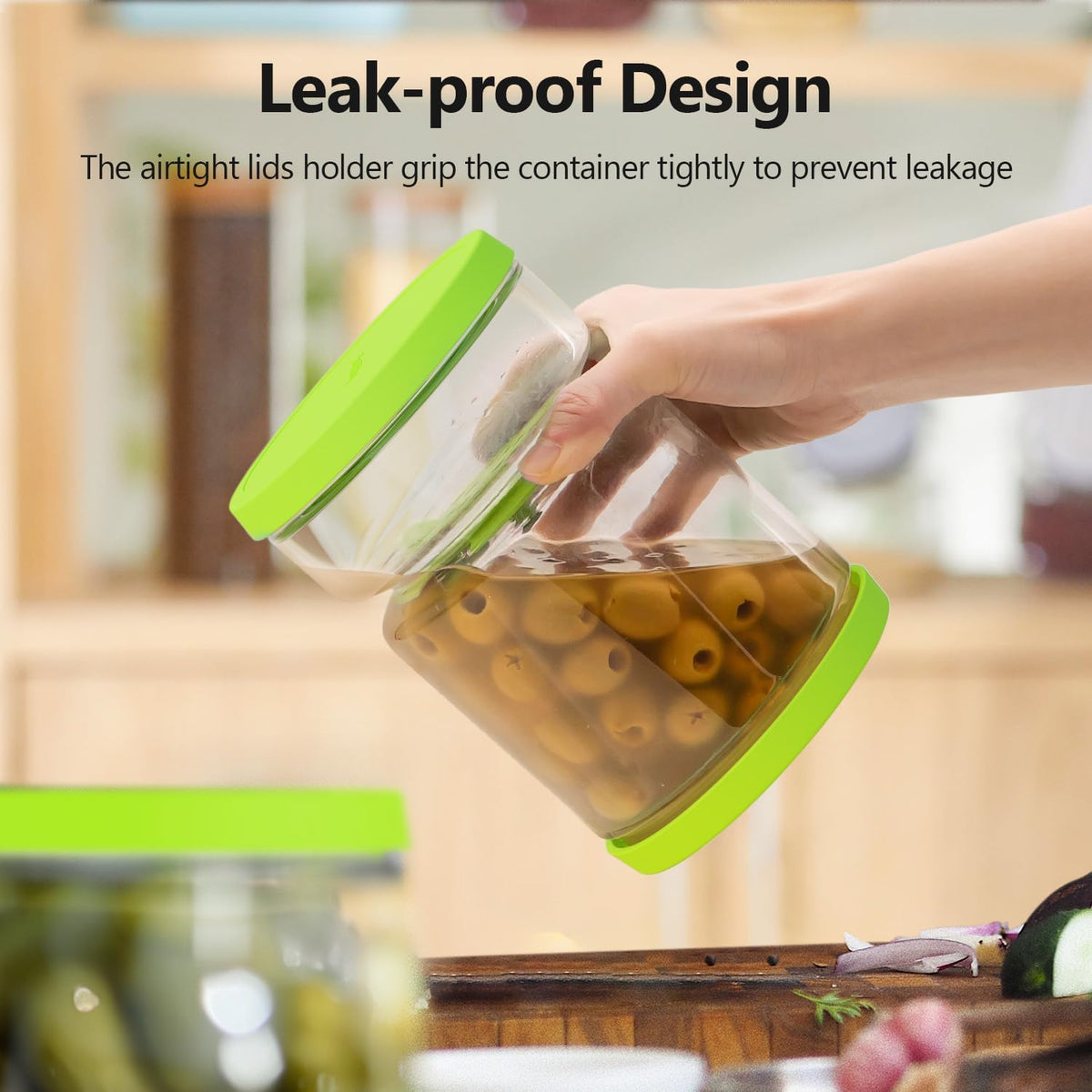 Glass Pickle and Olive Container - 50 OZ Airtight Jar with Strainer for Pickle Lover, Kitchen Organization Must-Have Versatile Food Keeper, BPA Free, Dishwasher Safe (Green Yellow)