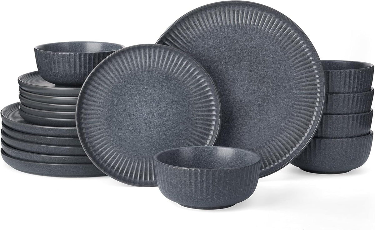Famiware Starlight Dinnerware Sets, Plates and Bowls Dish Set of 6 (18 Pieces), Ribbed Textured Tableware - Dishwasher & Microwave Safe, Chip Resistant, Reactive Glaze, Matte Midnight Grey