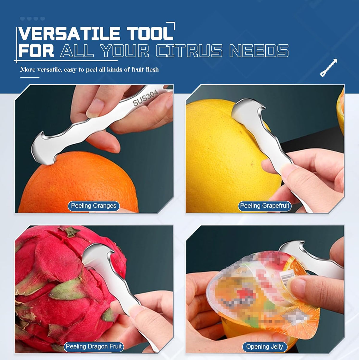 Stainless Steel Citrus Peeler Tool - Effortless Fruit Peeler for Oranges, Lemons, Grapefruits - Ergonomic Kitchen Gadget with Sharp Blade, Rust-Resistant & Easy Storage (5.1 Inch, 0.06lbs)