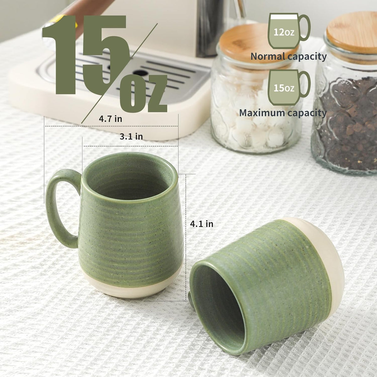 Hasense Porcelain Coffee Mugs Set of 4, 15 Oz Large Coffee Cups, Latte Cup with Handle, Tea Mugs for Men and Women, Modern Coffee Mug for Cappuccino, Milk, Cocoa, Microwave & Dishwasher Safe, Green