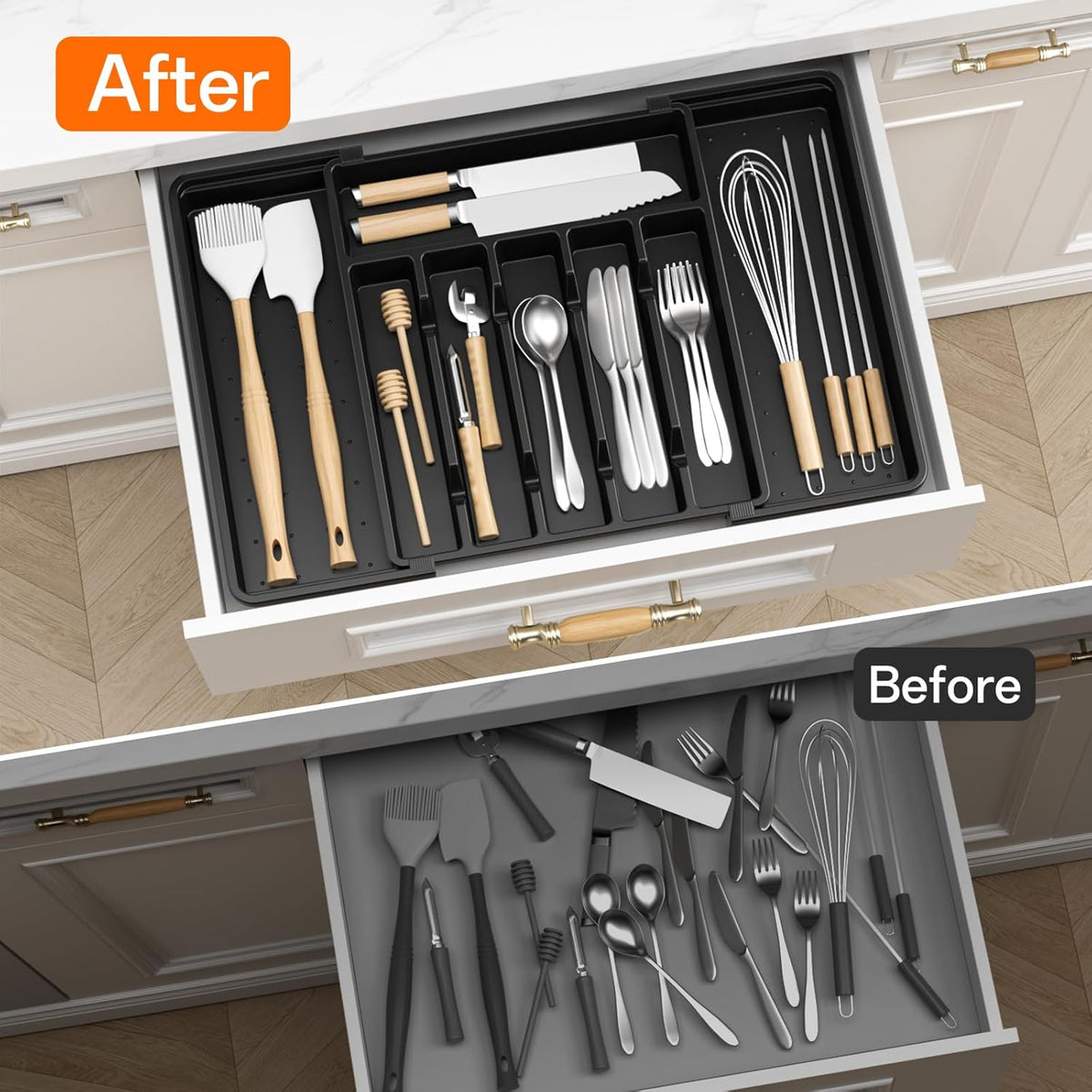 Large Silverware Organizer,Expandable Utensil Drawer Organizer,BPA Free Utensil Holder,Adjustable Silverware Tray Cutlery Drawer Organizer for Kitchen Flatware,Large,Black,2 Pack
