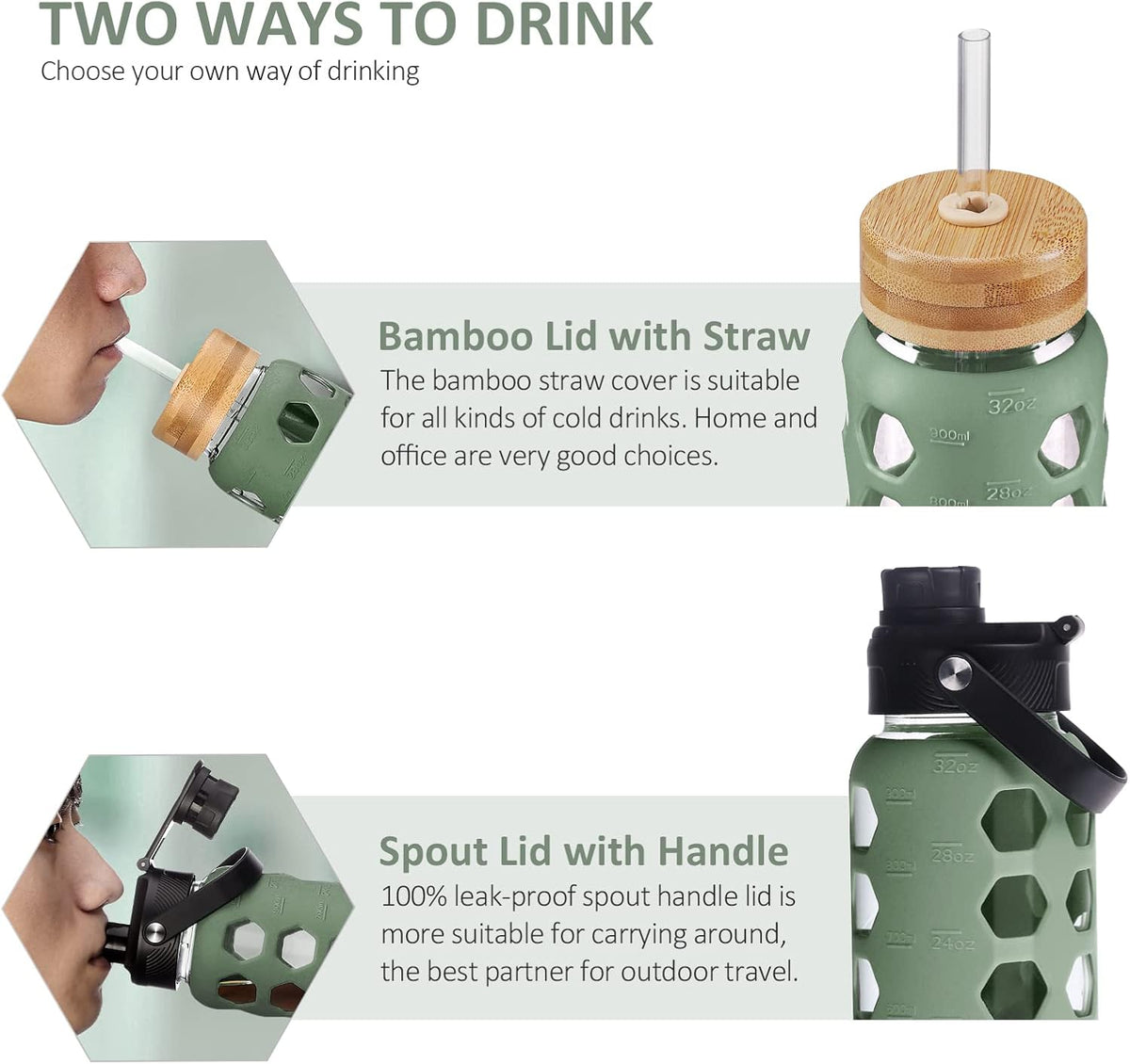 MUKOKO 32oz Glass Water Bottles with 2 Lids-Handle Spout Lid&Bamboo Straw Lid, Motivational Water Tumbler with Time Marker Reminder and Silicone Sleeve, Leakproof-Olive-1 Pack