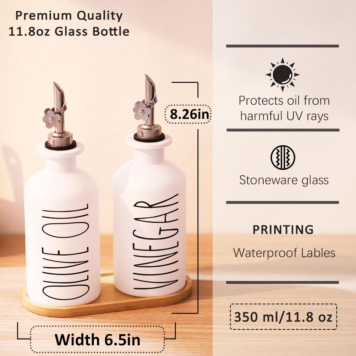 HOMCDALY Premium Olive Oil Dispenser for Kitchen, 11.8oz Glass Oil Bottles with Bamboo Tray, White Oil&Vinegar Cruet Set, Kitchen Dispenser Bottles with Pourer| Set of 2 (11.8oz –P–White)