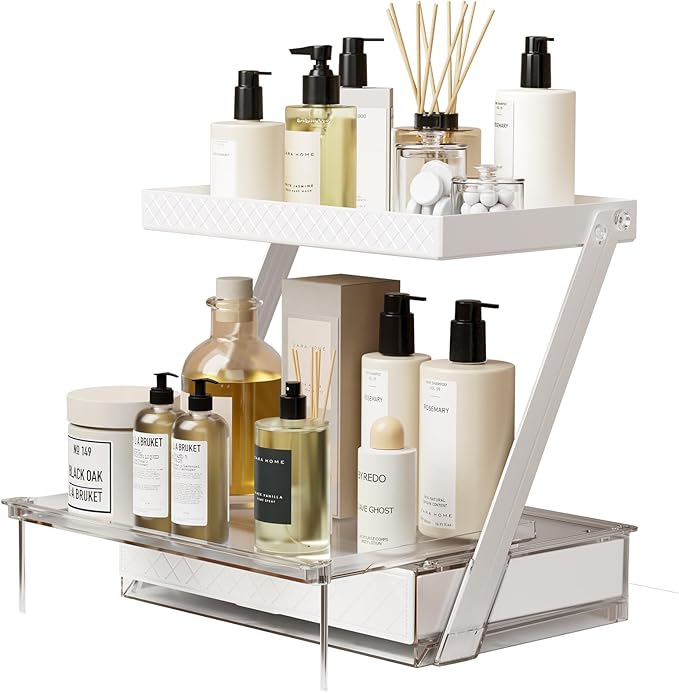 2 Tier Bathroom Countertop Organizer, Z-Shaped Vanity Organizer with Sliding Tray & Drawer, Skincare, Makeup & Perfume Storage Organizer, Acrylic office, Dresse & Desk Organizer