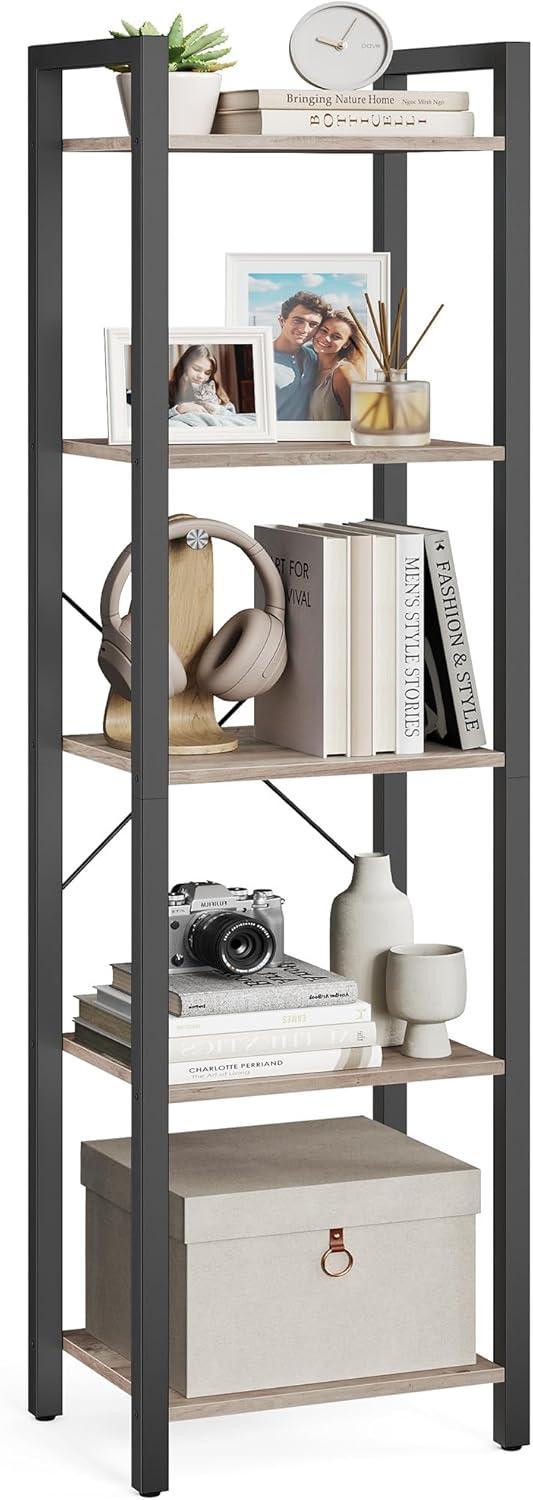 VASAGLE 5-Tier Bookshelf, Bookcase with Steel Frame, Book Shelf for Living Room, Home Office, Study, 11.8 x 15.7 x 60.2 Inches, Industrial Style, Heather Greige and Ink Black ULLS100B02
