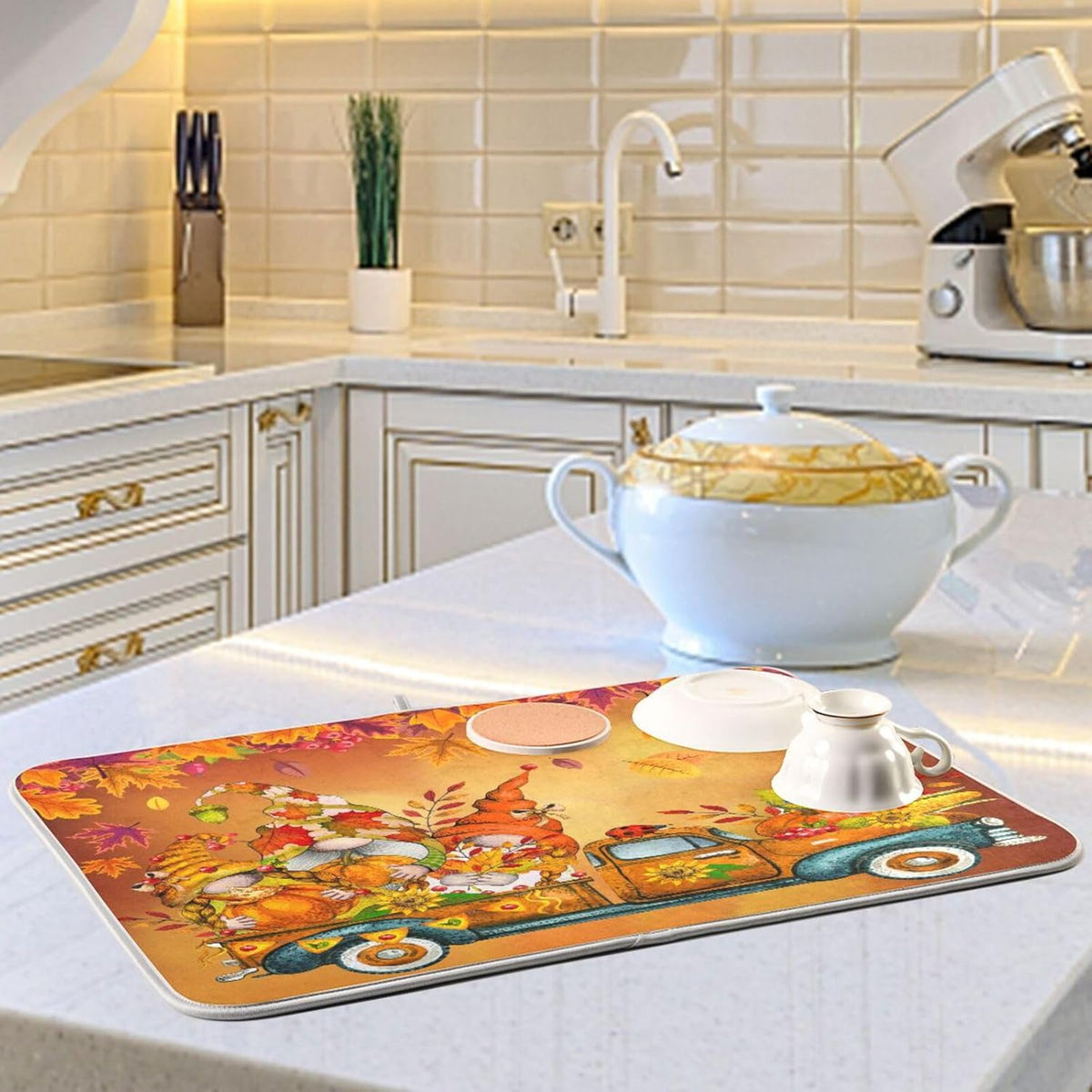 Thanksgiving Gnome Truck Autumn Dish Drying Mat for Kitchen Counter Absorbent Microfiber Drying Pad, Medium 16x18 in, Maple Leaves Reversible Drainer Mats
