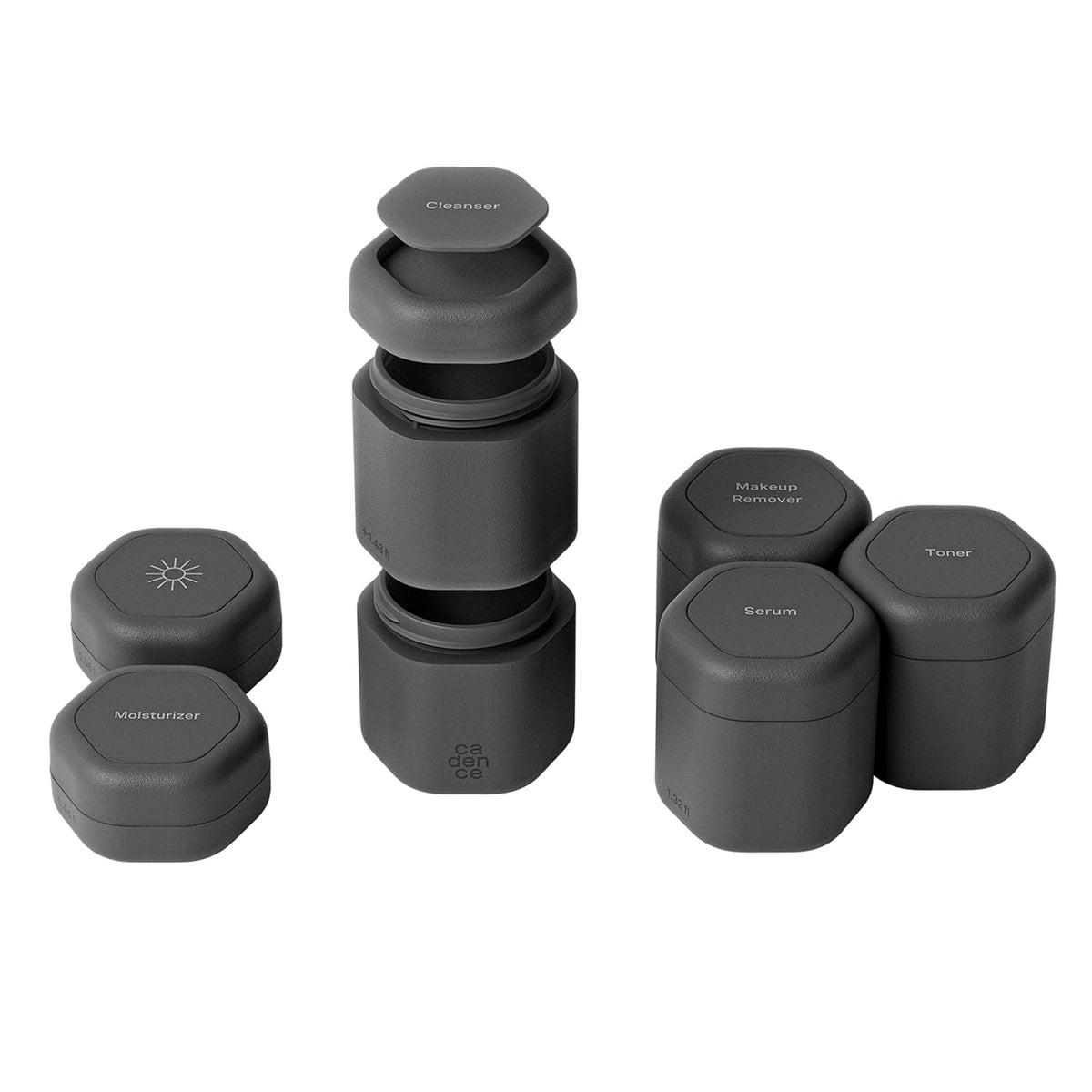 Cadence Travel Containers - Full Skincare Set - Magnetic Containers with Lids,Carry On Travel Essentials For Women/Men - 2 Small (0.56oz), 4 Medium Capsules (1.32oz), & Extender (1.43oz) - Charcoal