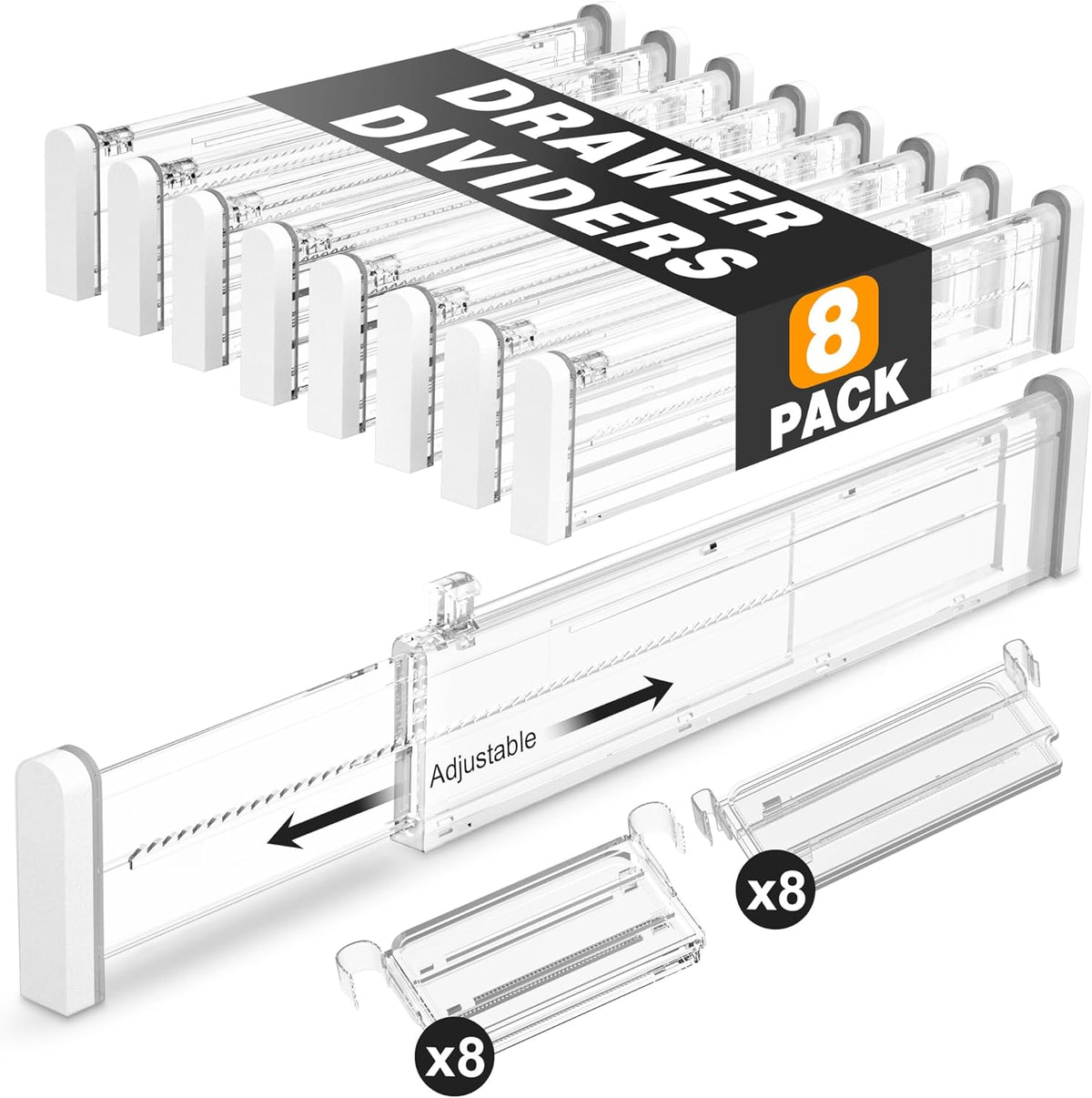 HiYZ Expandable Drawer Dividers with Inserts - 2.36'' High Adjustable Drawer Organizers Separators for Kitchen, Bedroom, Dresser, Office, 8 Long Dividers(12.6-22.8'') with 16 Inserts(3.9-7.1'')-Clear