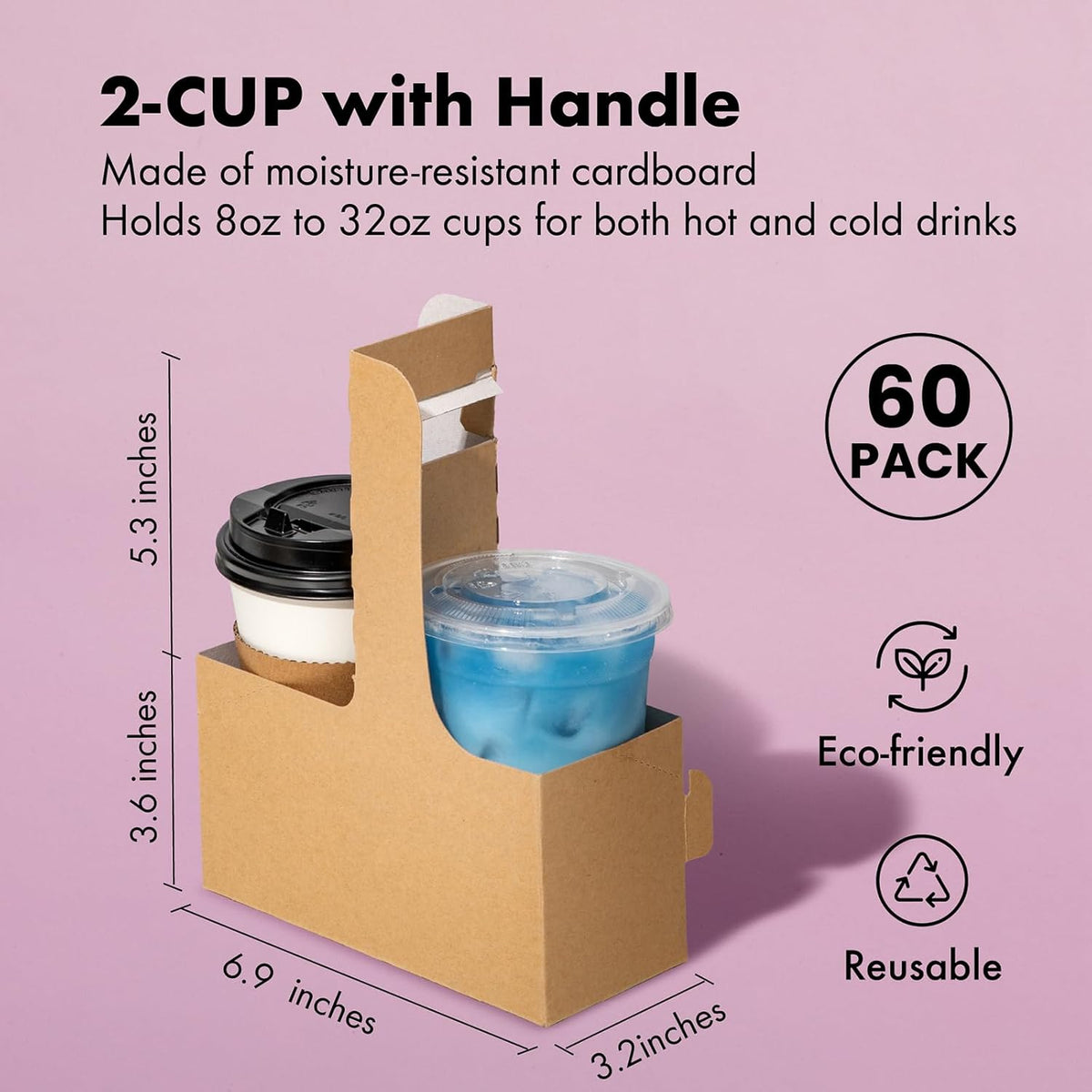 FMP Brands 2 Cup Disposable Drink Carrier with Handle, 60 Pack Kraft Paperboard Handled Drink Carriers 12-30 oz to Go Coffee Cup Holder, Cup Carrier for Cold Hot Drinks, Takeout, Cafe
