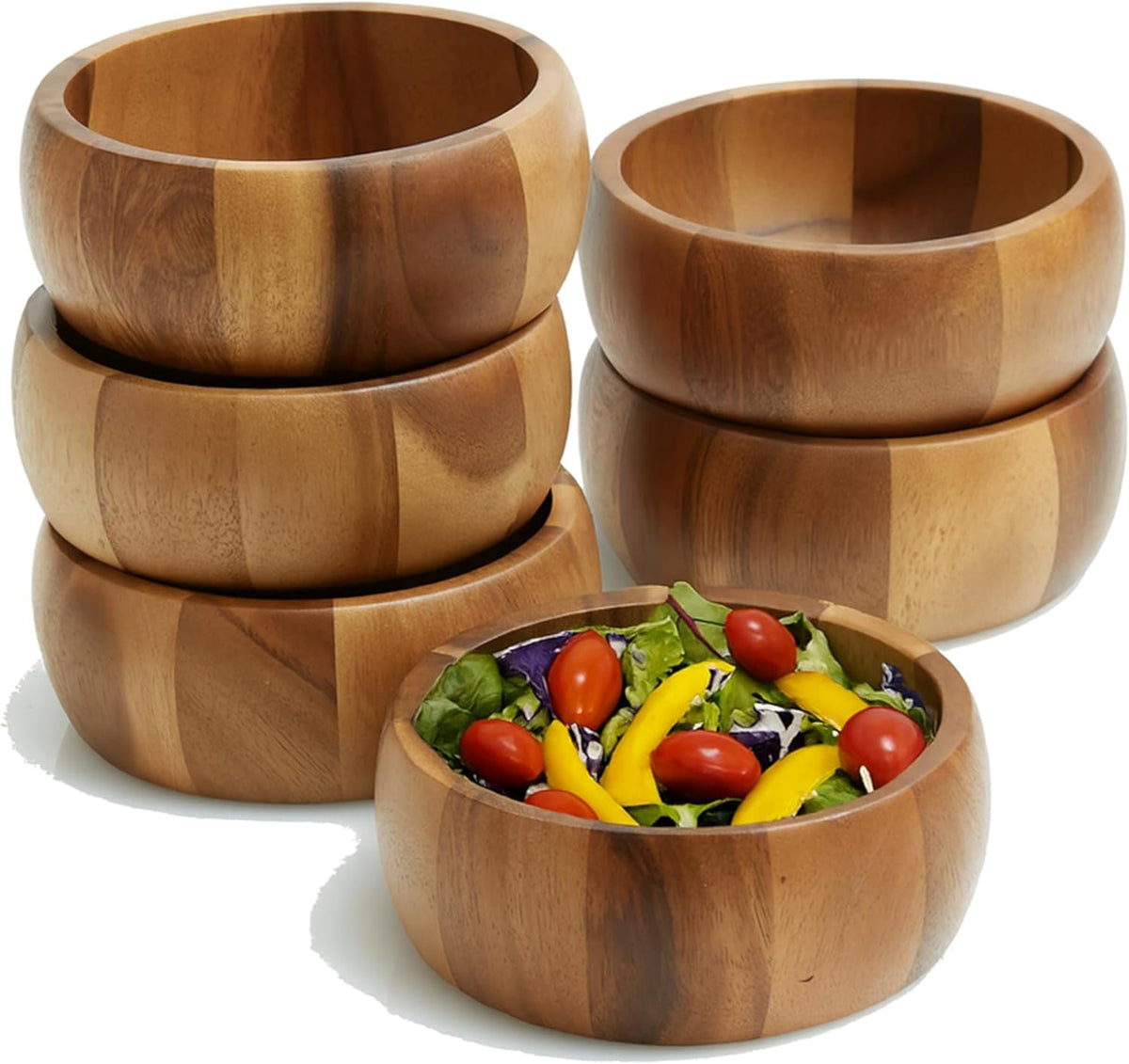 Woodard & Charles Set of 6 Acacia Wood Large Individual Salad Bowls, Snack Serving Bowls, 6 1/2" x 2 1/2"