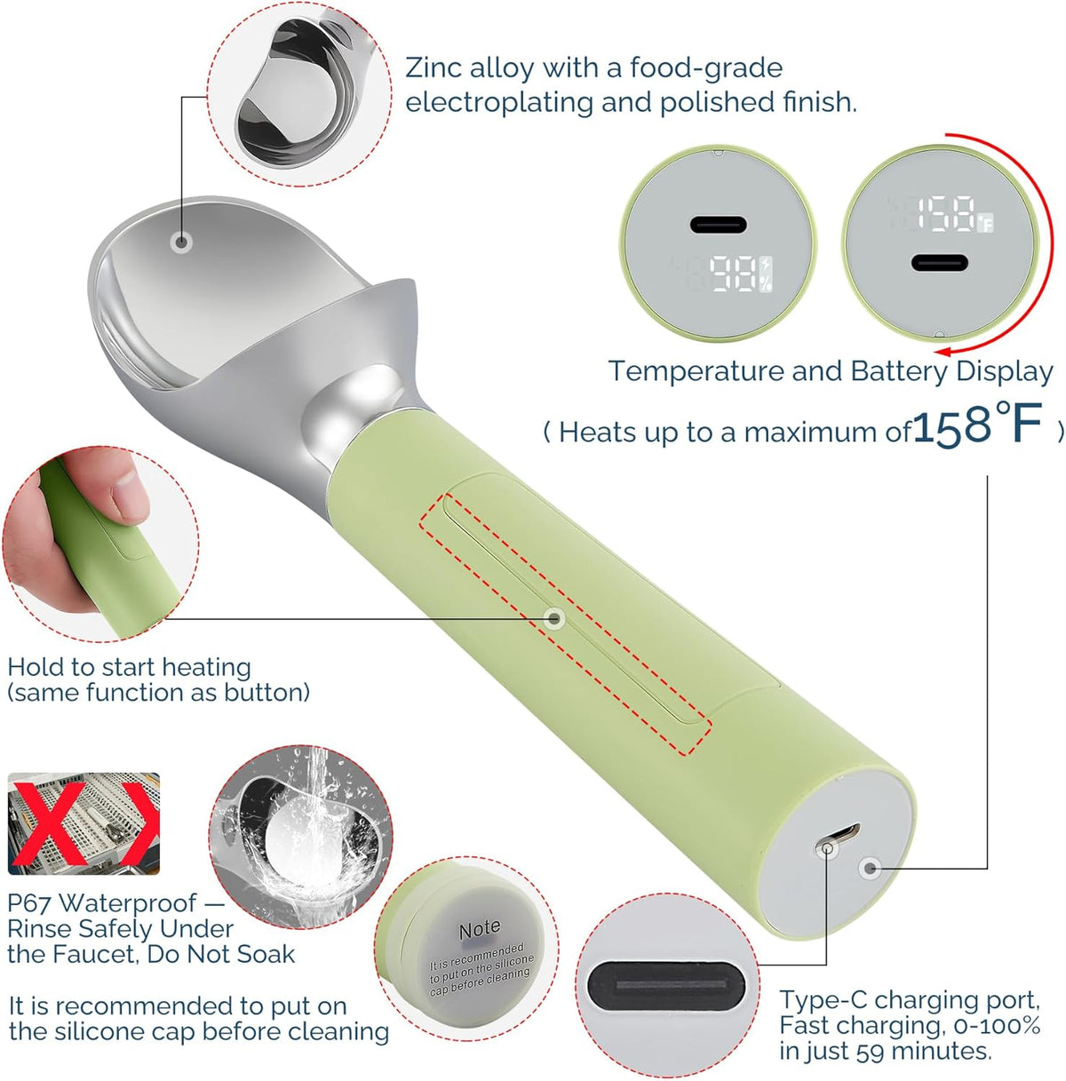 Heated Ice Cream Scoop Rechargeable, Electric Warming Ice Cream Scooper with LED Display, Heats to 158°F for Hard Ice Cream, Easy for Seniors & Kids, IP67 Waterproof (Pistachio Green, 2oz)
