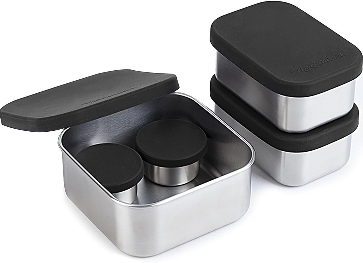 Flexibento - Leak proof Stainless Steel Bento Box | Stainless steel Snack Containers | Food Containers with Silicone Lids | Metal Food Containers| Bentobox - Black, 52 Oz Set (set of 5)