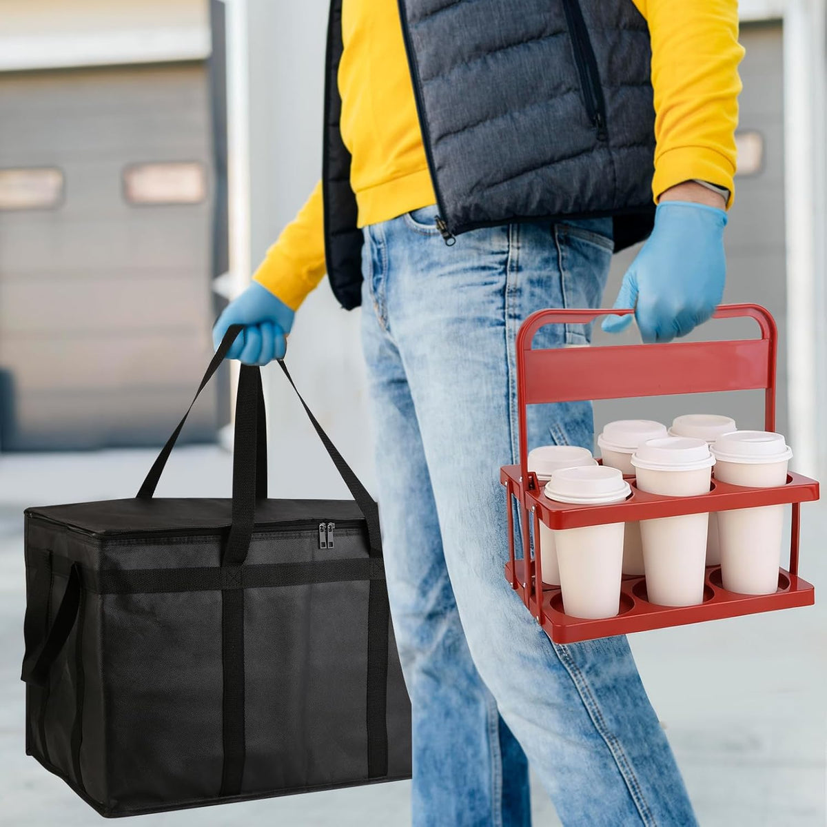 Bodaon 6 Cup Drink Carrier with Handle, Plastic Cup Carriers for Drinks, Drink Holder for Car, GrubHub/Eats Doordash Accessories, Portable Foldable Reusable Mobile, Use for Food Delivery Bag, Red