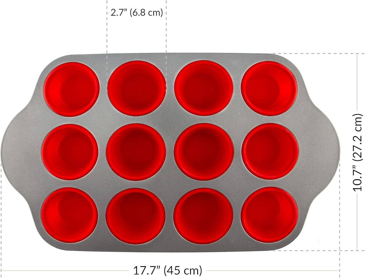 Boxiki Kitchen Non-Stick 12 Cup Silicone Muffin Pan With Steel Frame - BPA Free, Non-Toxic, Anti-Warp, Durable & Easy to Pop Silicone Muffin Tin - Perfect Cupcake Pan