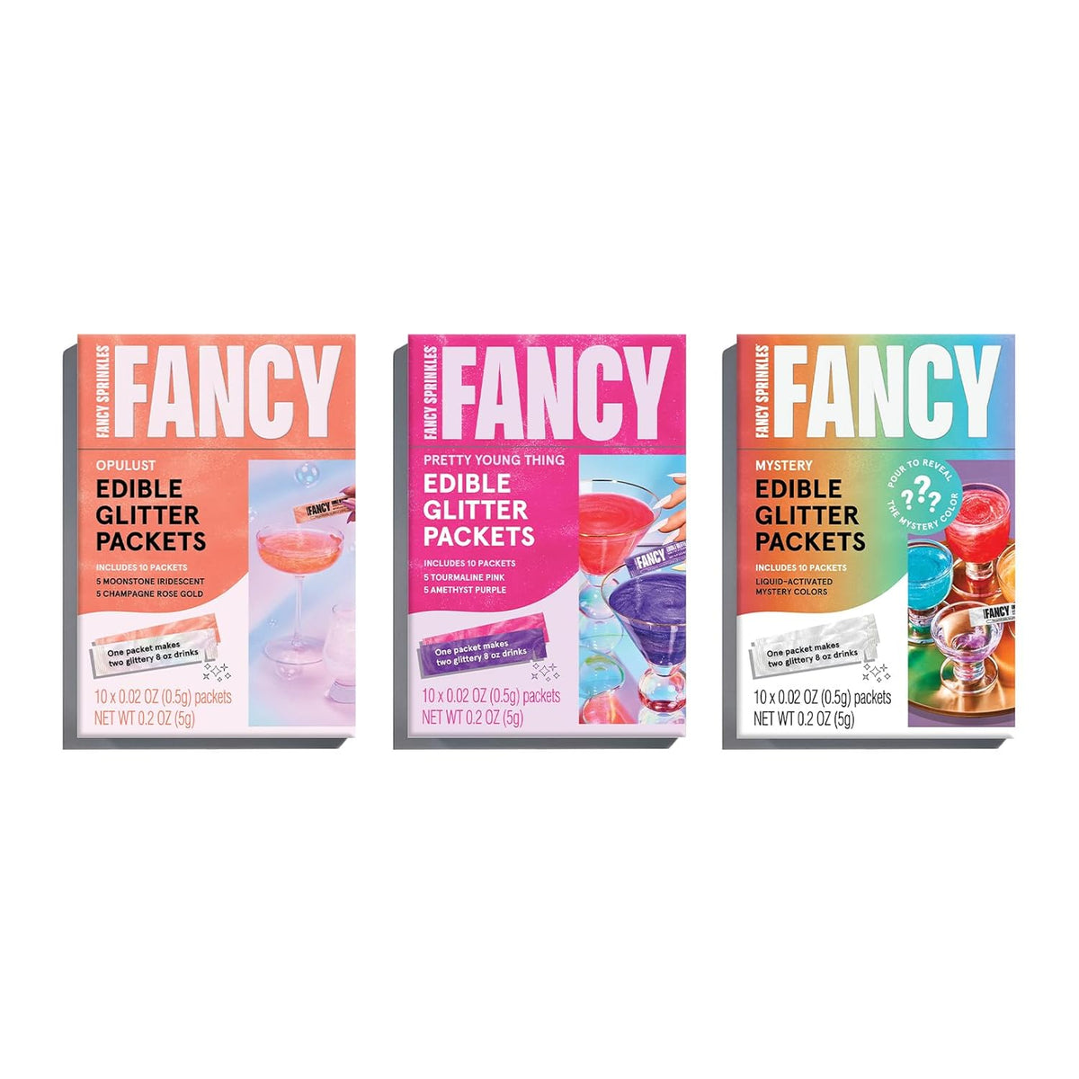 Fancy Sprinkles MVP Set (Opulust, Pretty Young Thing, and Mystery) Edible Glitter Packets Portable & On-The-Go for Sparkling Drinks, Champagne, Cocktails, Wine, Beer, & More. (3 Pack)