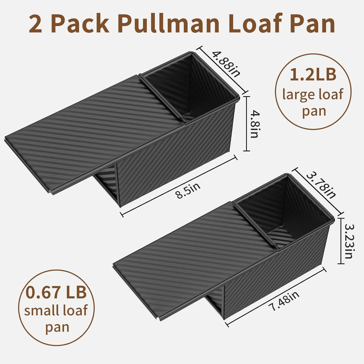 2 PCS Pullman Loaf Pan with Lid, 1.2Lb & 0.67 Lb Dough Capacity Non-Stick Bread Pans for Homemade Bread, Carbon Steel Bread Loaf Pans, Bakeware for Baking Sandwich and Toast, Black