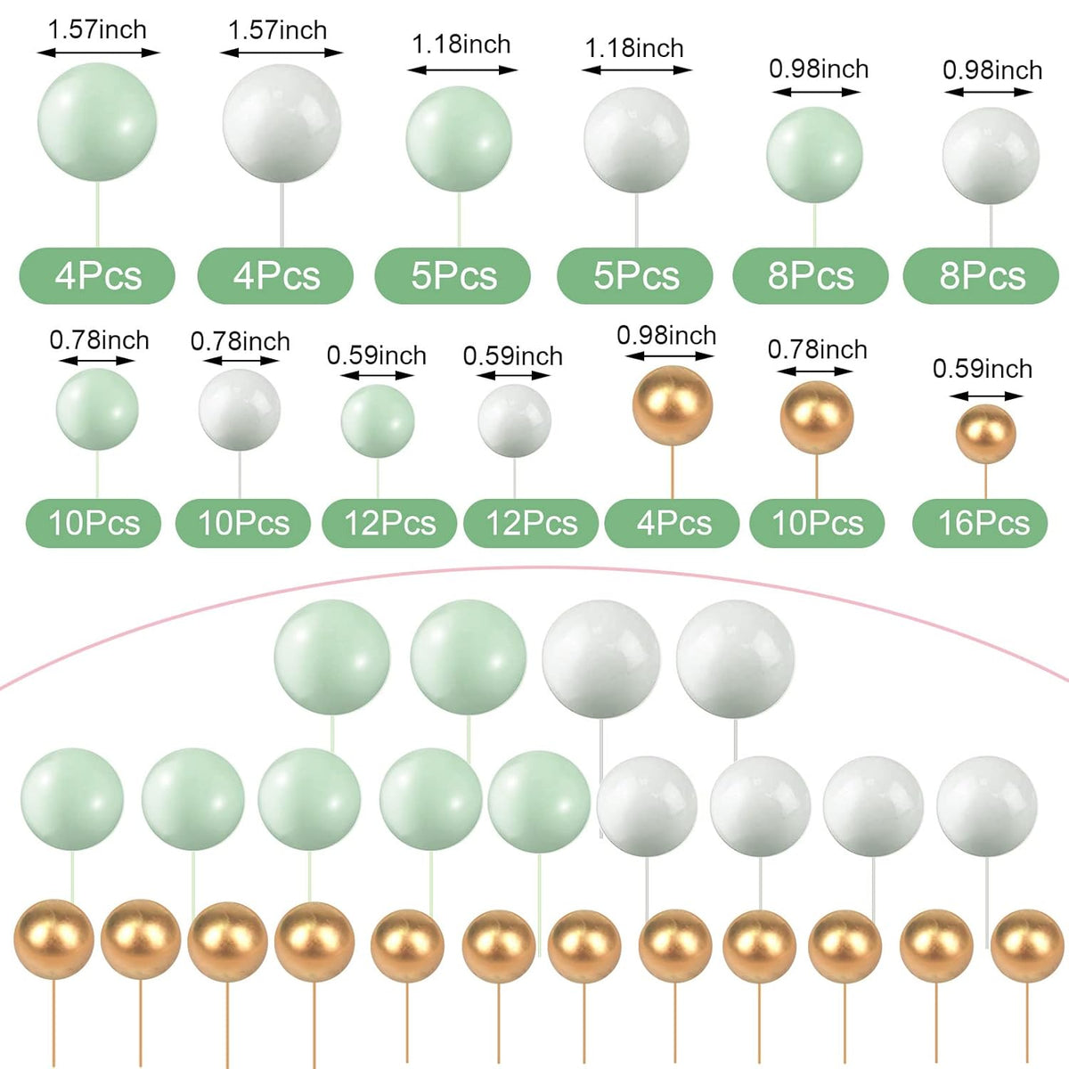 108 Pcs Balls Cake Topper DIY Cupcake Insert Foam Balloons for Cake Baking Wedding Anniversary Birthday Decoration(White, Green, Gold,Multi Sizes)