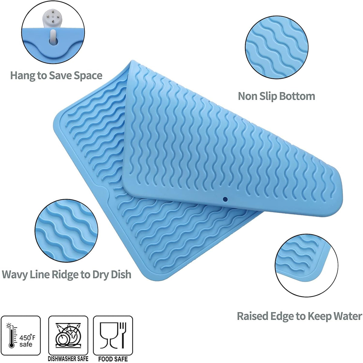 Silicone Dish Drying Mat for Multiple Usage,Easy clean,Eco-friendly,Heat-resistant Silicone Mat for Kitchen Counter or Sink,Refrigerator or drawer liner Light Blue L 16 inches x 12 inches