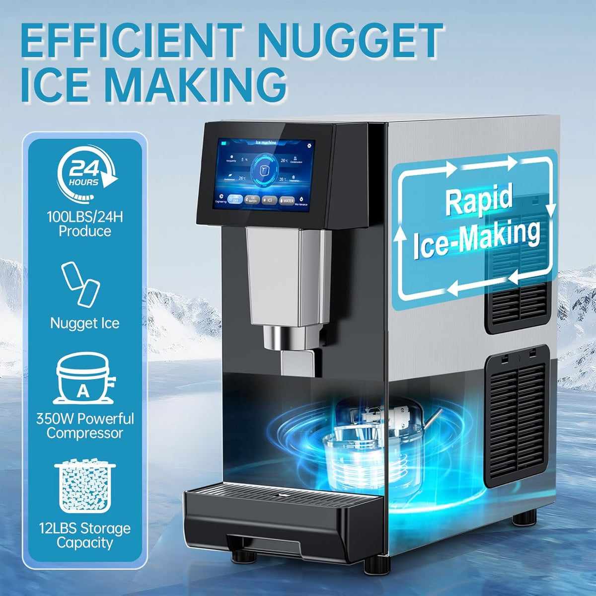 Commercial Nugget Ice Maker Machine, 100Lbs/24H Pellet Chewable Ice, 3-IN-1 Nugget Ice Maker with Ice & Water Dispenser, Self-Cleaning Countertop Stainless Steel Ice Machine for Business, Office,Party