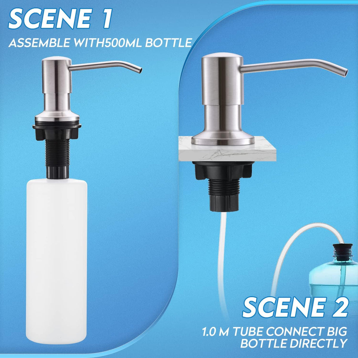 CREA Dish Soap Dispenser for Kitchen Sink, Built-in Countertop Set with 39" Tube & 17oz Bottle, Stainless Steel Pump