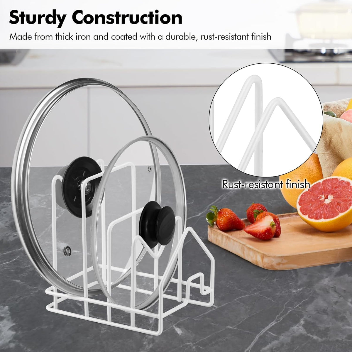 Poeland Kitchen Pot Lid Organizer, Pan Rack with 4 Compartments, Pantry Organizer Rack for Dinnerware, Bakeware, Cookware, Cutting Boards, Pan Lids (Small Size, White)