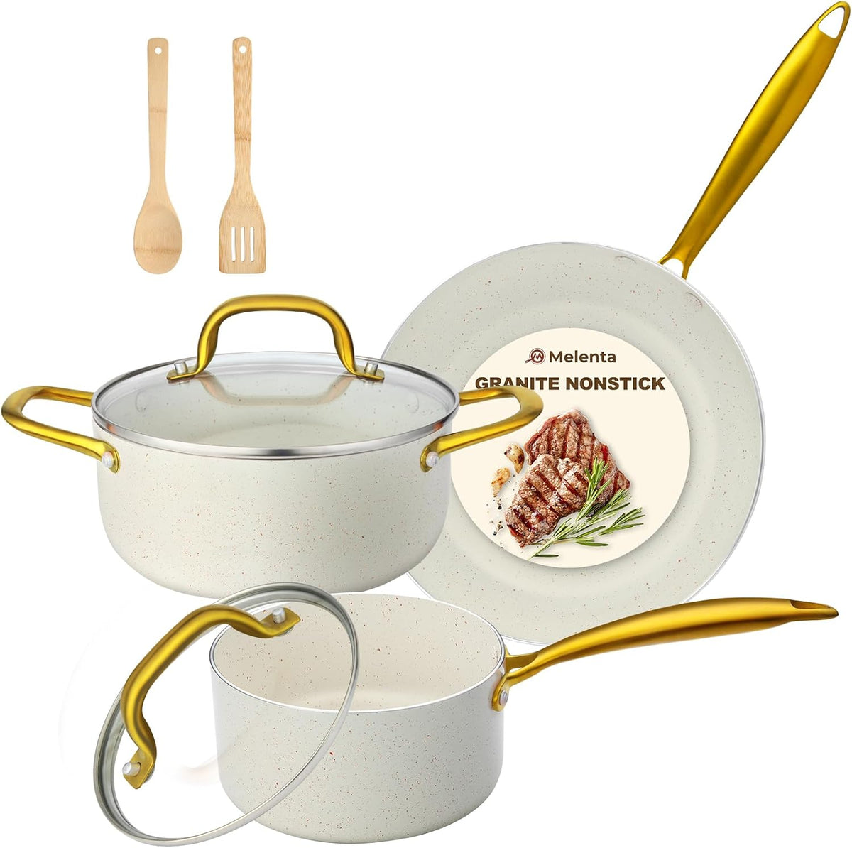 Pots and Pans Set Non Stick, 7 Piece White Granite Induction Cookware Set, Nonstick Kitchen Cooking Set with Gold Handle and Utensil, Oven Safe (PFOS, PFOA Free)