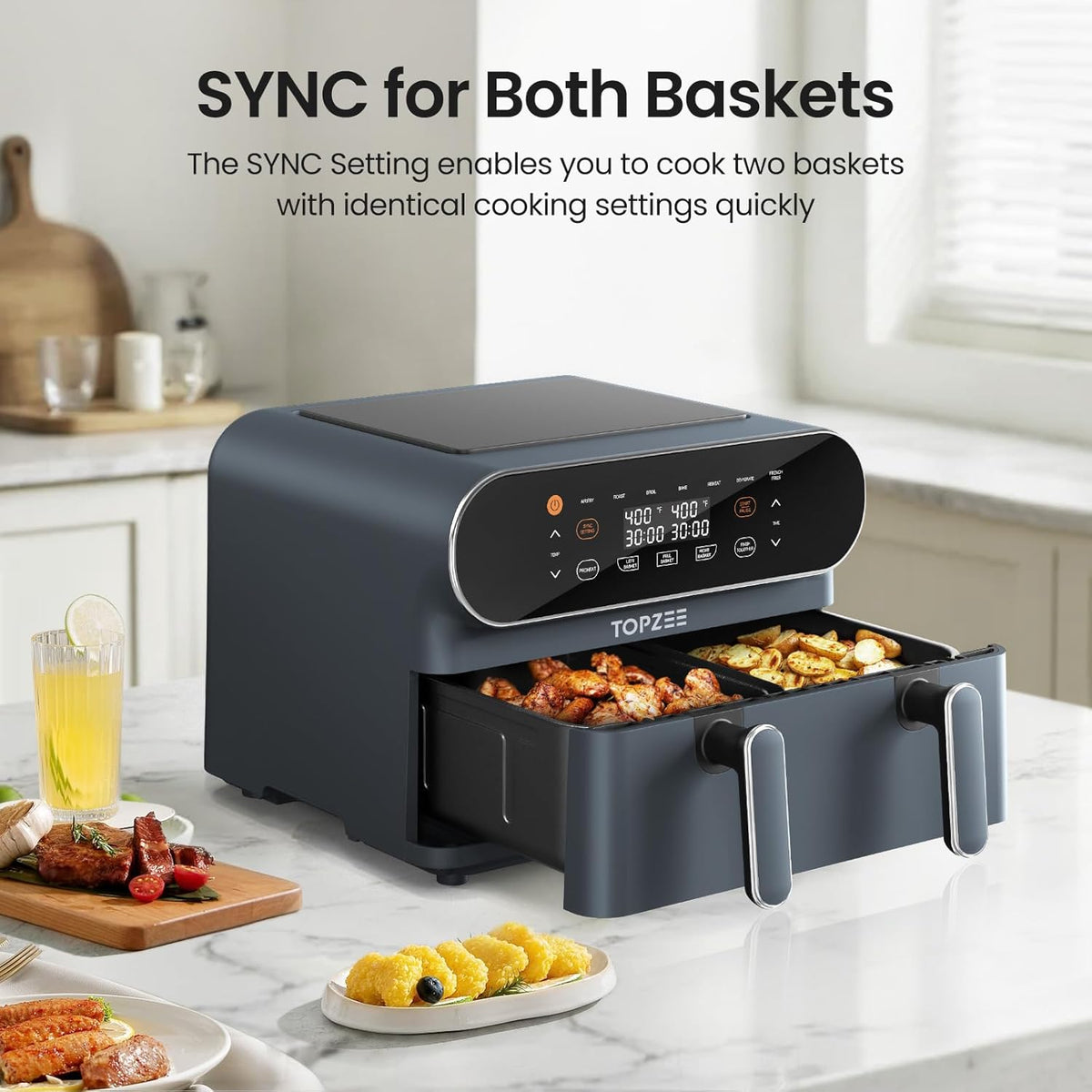 11-QT Large Air Fryer - 8 in 1 XL Airfryer with Flex Basket, Divider for Dual Cooking, Preheat, Air Fry, Roast, Broil, Bake, Reheat, Dehydrate, French Fries Dishwasher Safe, Gray