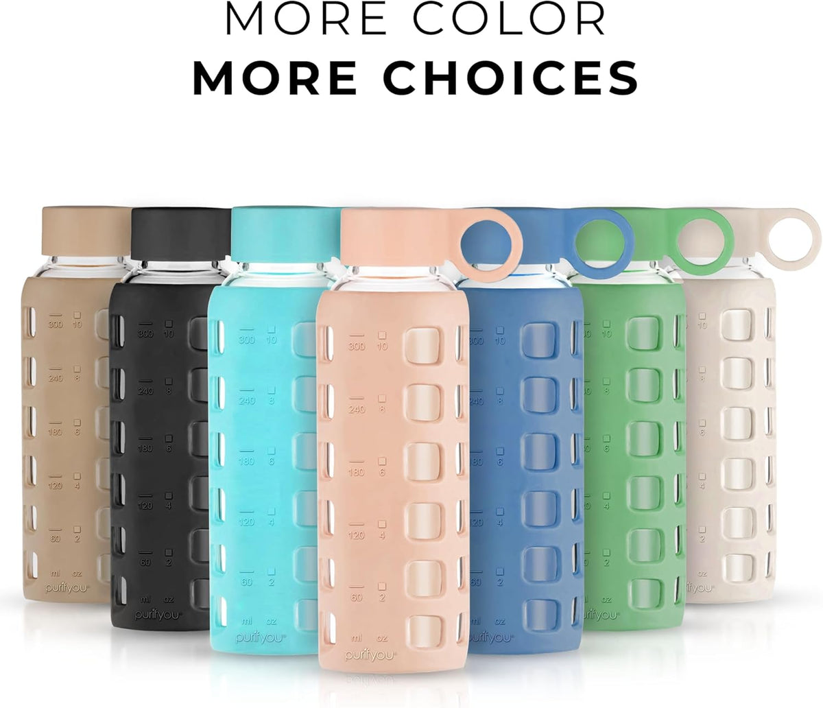 purifyou 40oz / 32oz / 22oz / 12oz Borosilicate Glass Water Bottle with Time & Volume Markers, Silicone Sleeve, Stainless Steel Lid – Reusable Glass Bottle for Water & Juice (12oz Hazelnut)