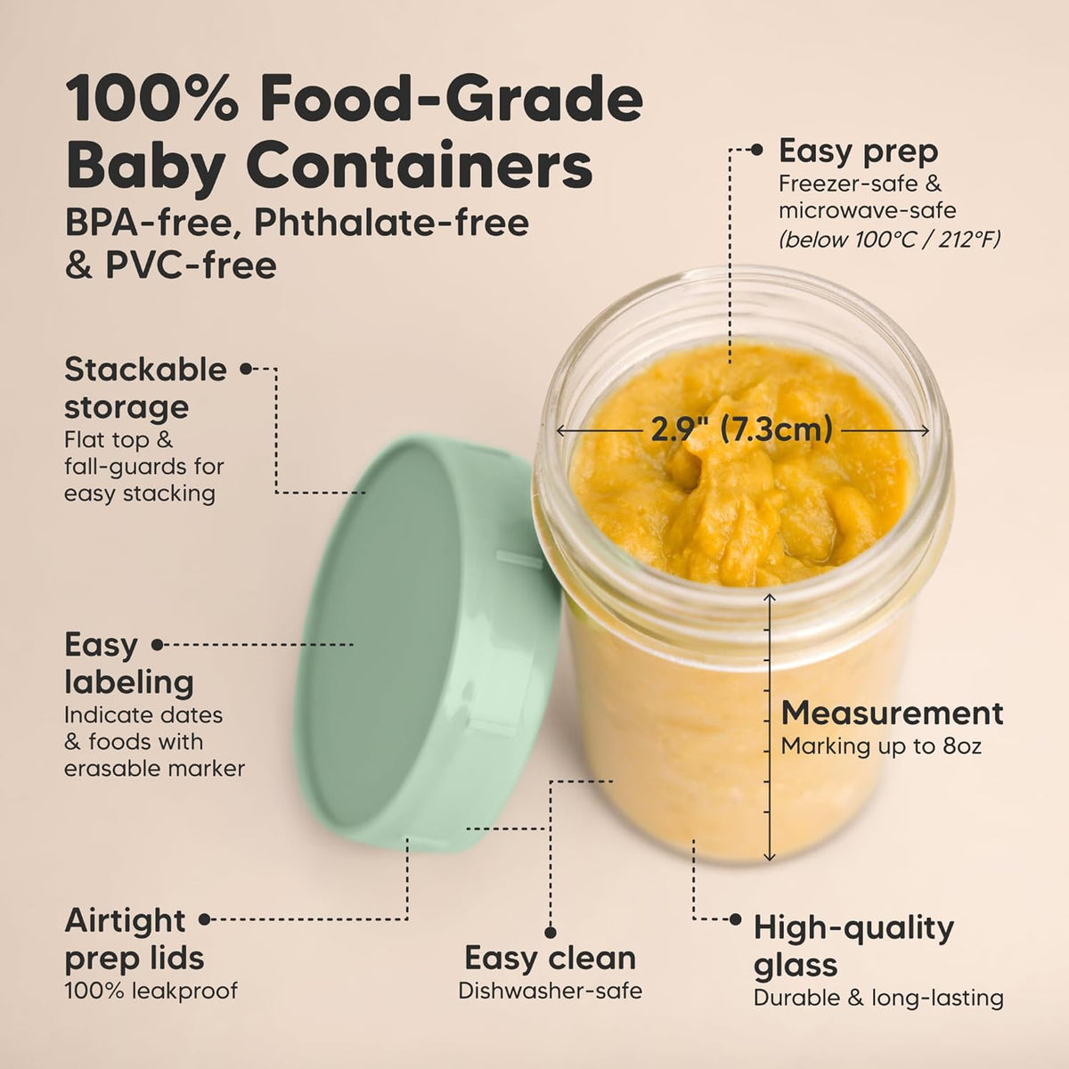 KeaBabies 4pk 8oz Glass Baby Food Containers with Lids - Leak-Proof, Microwavable Small Glass Jars, Baby Purees & Toddler Snack Storage Containers, BPA-Free, Dishwasher & Freezer Safe (Musk Dusk)